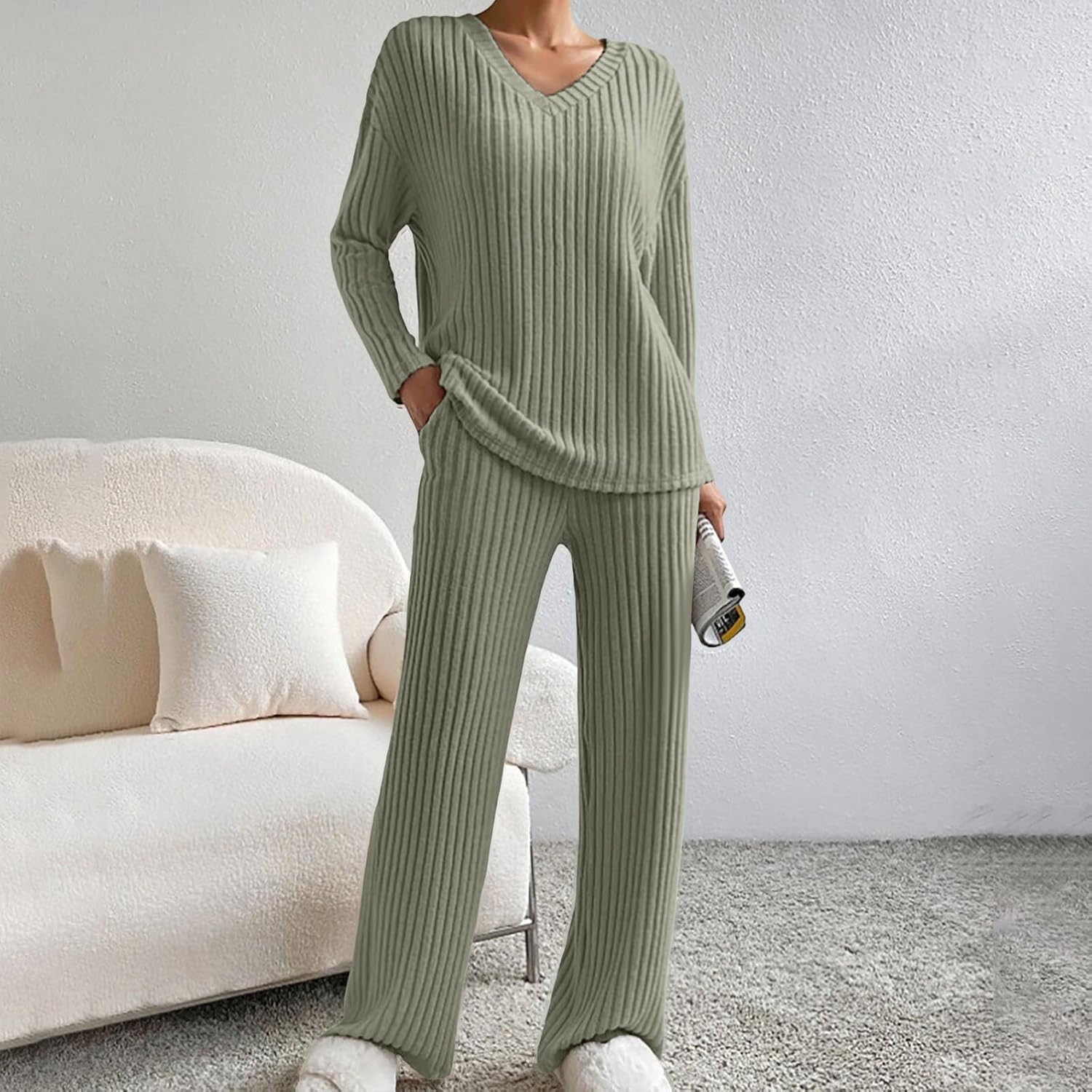 Oplxuo Womens Pajamas 2 Piece Lounge Sets Fall Winter Outfits Matching Sweat Suits Long Sleeve Sweater Pants with Pockets