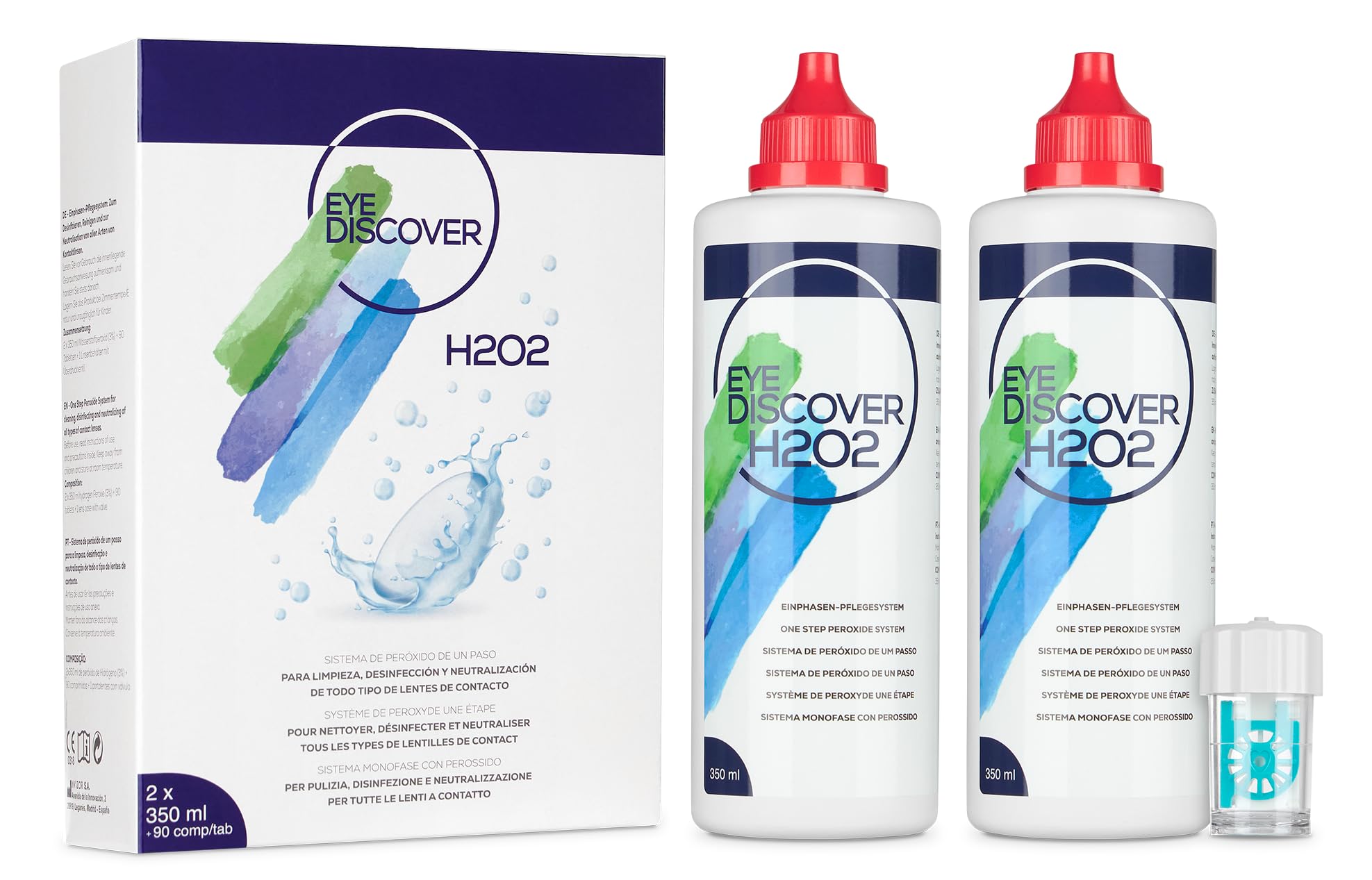 EYE DISCOVER Peroxid Kontaktlinsenflüssigkeit für gründliche Reinigung & Desinfektion – Für empfindliche Augen, ohne Konservierungsstoffe – 2 x 350 ml + 90 Neutralisationstabletten