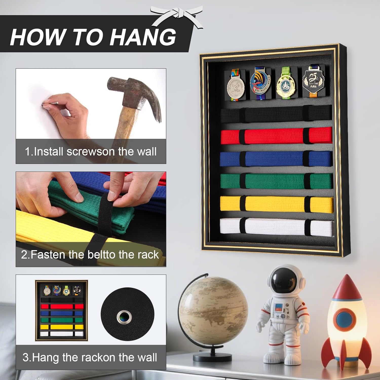Taekwondo Belt Display Rack - Wooden Martial Arts Belt Holder Organizer for Karate, Taekwondo, BJJ - Wall Mounted or Standing - Perfect for Black Belt & Color Belts