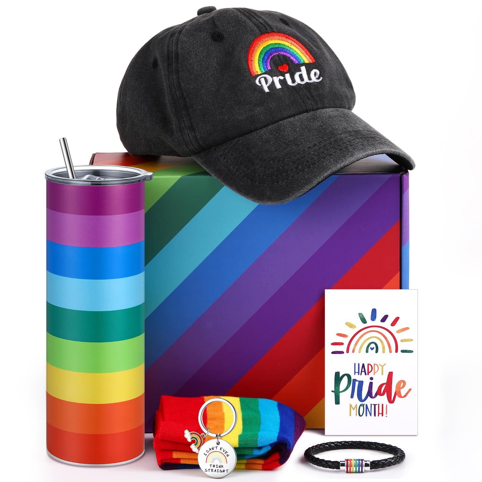 Geiserailie 7pcs Rainbow Pride Flag Gift Set Gay Pride Lgbtq Lesbian Pansexual Stuff Rainbow Striped Tumbler Socks Hat Bracelet Keychain with Box for