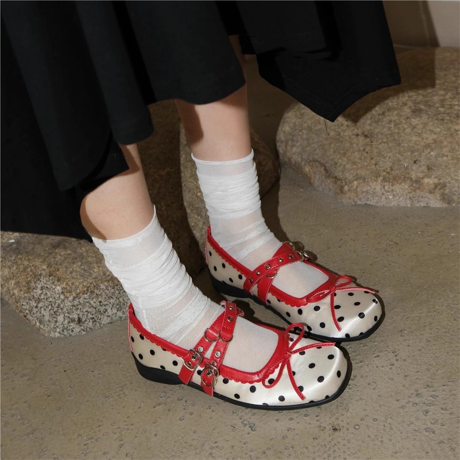 Scarpe Mary Jane A Pois Rossi Raso Suola Morbida Ballerine Donna