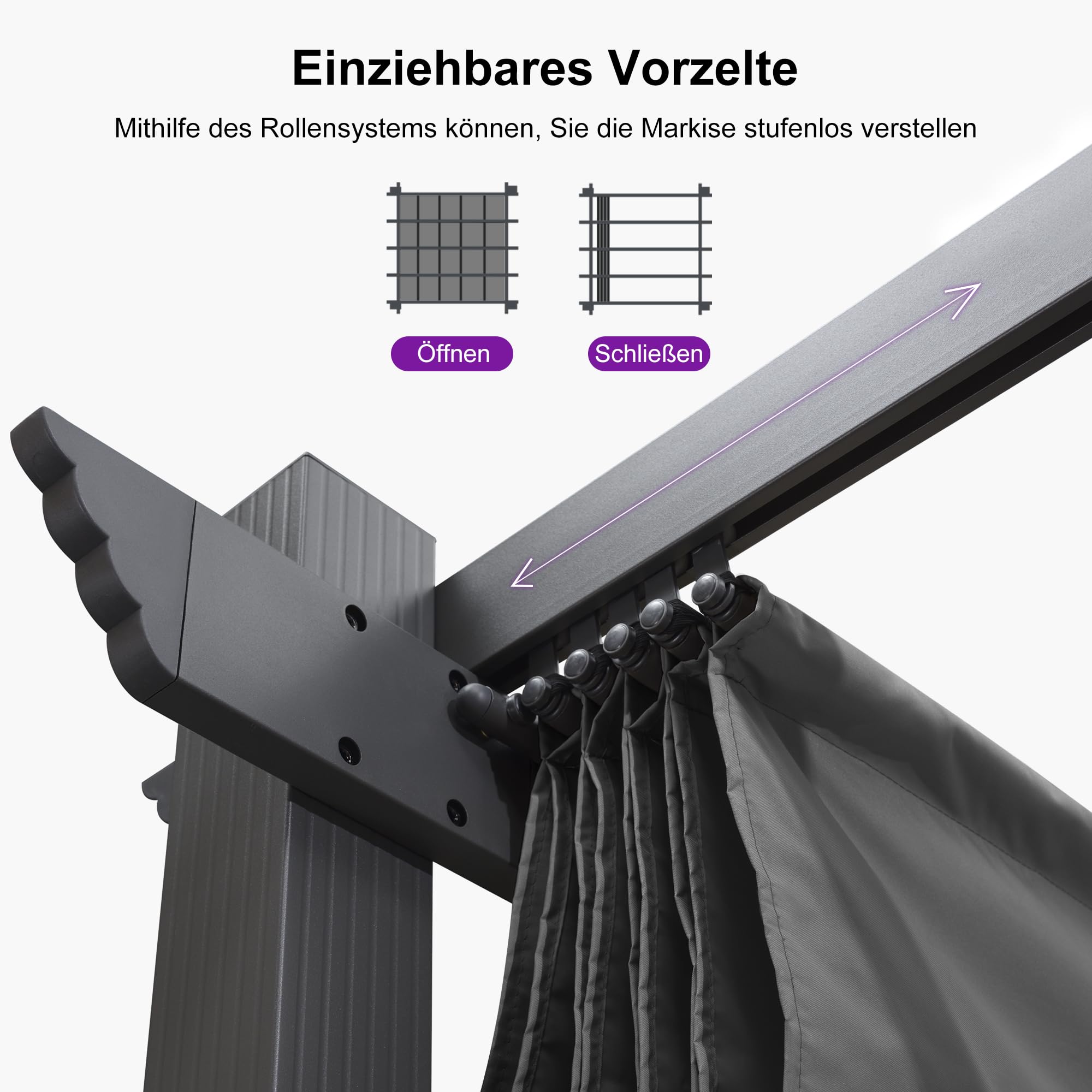 PURPLE LEAF Pergola Aluminium, 3.65 X 4.85 m Wasserdicht Stabil Winterfest Partyzelt, Gartenpavillon mit Sonnenschutz Überdachung, Grau