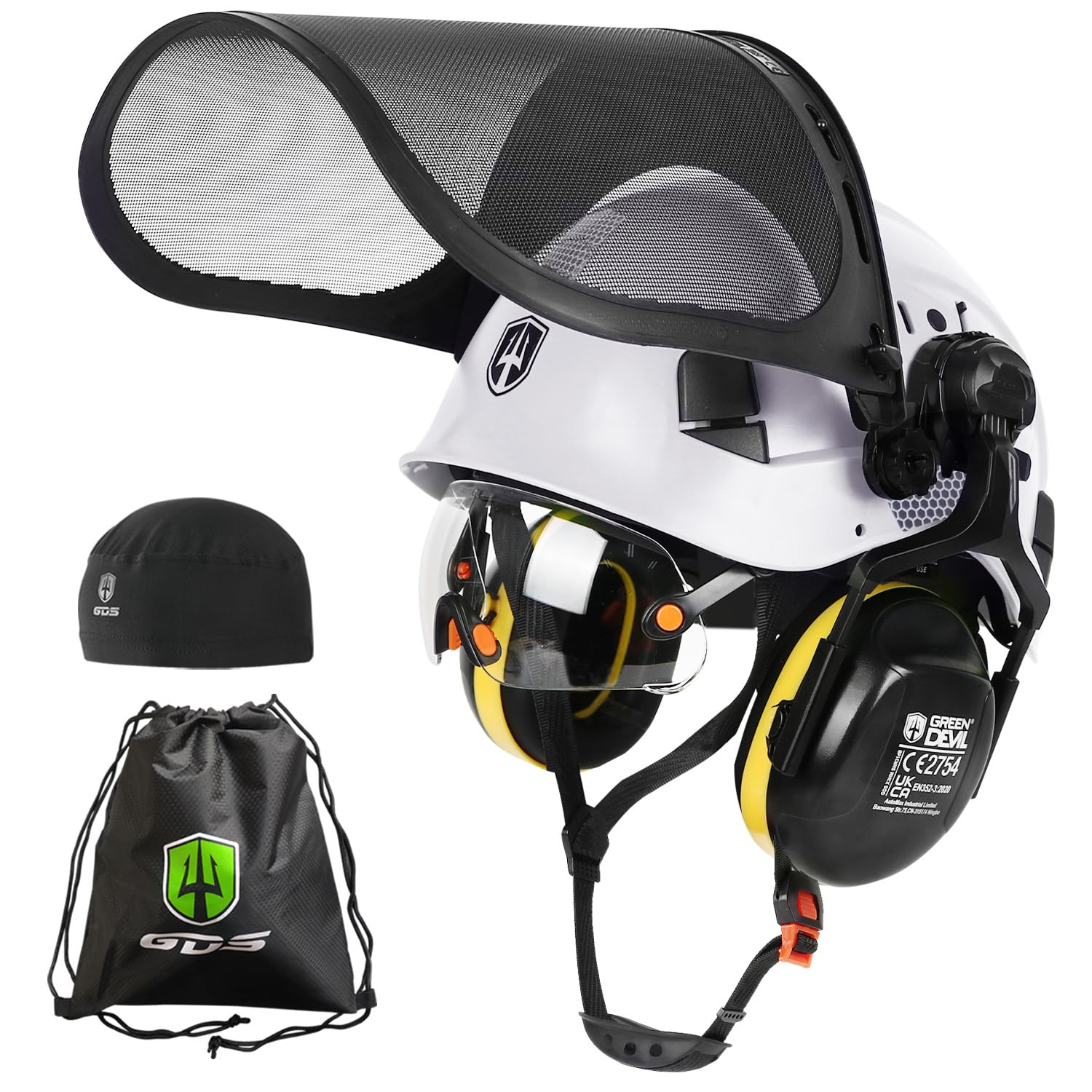 GREEN DEVIL Forestry Company Chainsaw Safety Helmet EN397 Certified - 5 in 1 System with Mesh Face Protection, Built-in Visor and Earmuffs - Ventilated, for Woodfall and Gardening