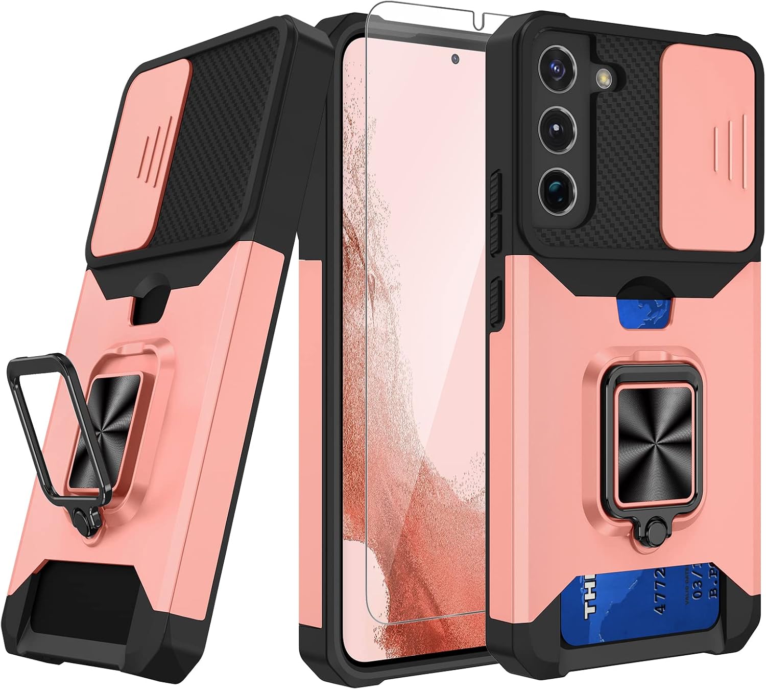 Caka for Samsung Galaxy S22 Case with Screen Protector Ring Stand Slide Camera Cover, Heavy Duty Protective Wallet Phone Case with Kickstand Card Holder for Galaxy S22 5G 6.1"-Rose Gold