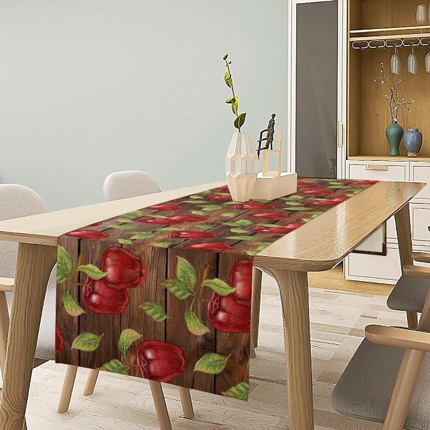 Sweet Apples Table Runner, Fresh Apples Fruit Rustic Wooden Background Table Runner for Kitchen Dining Party Picnic Outdoor 13x120in