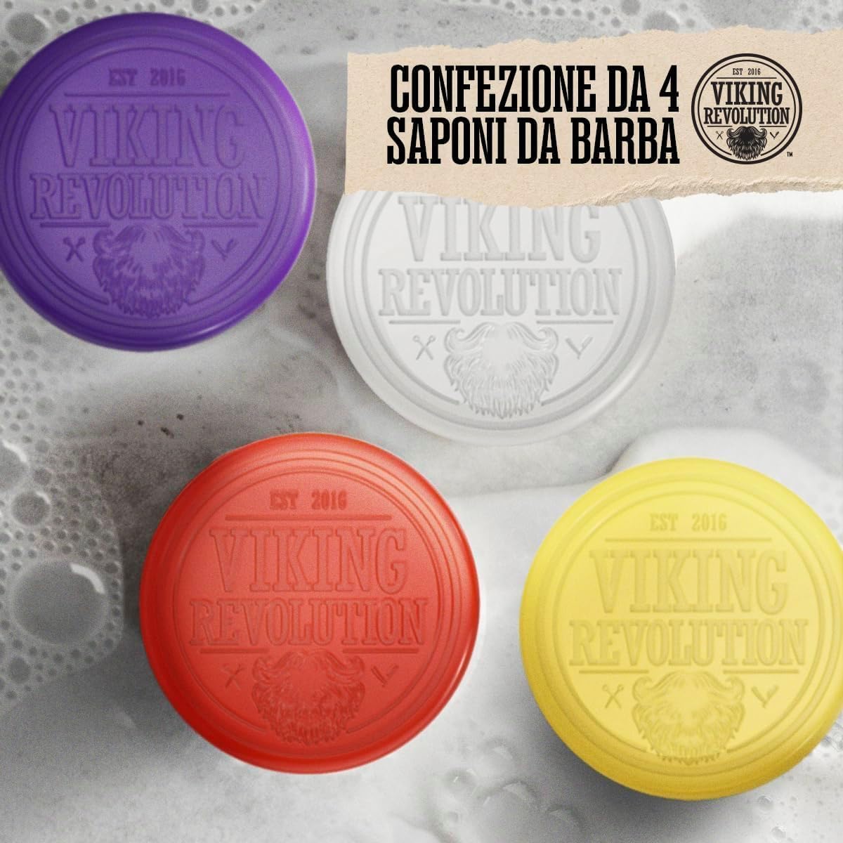 Viking Revolution Sapone da Barba Uomo - Sapone da Rasatura per Uso con Spazzola e Ciotola - Rasatura a Umido più Morbida - Confezione Assortita da 4 Saponette per Rasatura da 70 g.