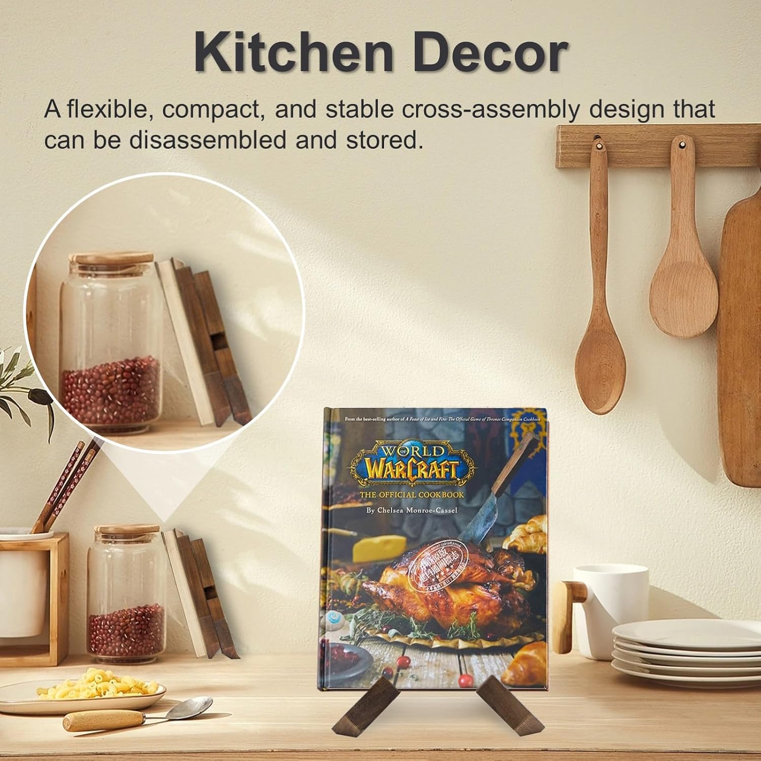 Cross Design Cookbook Stand - Beautiful Wood Texture, Stable Structure - Wooden Recipe Book Holder - Multifunctional Display Stand, Kitchen Counter Decor - Brown