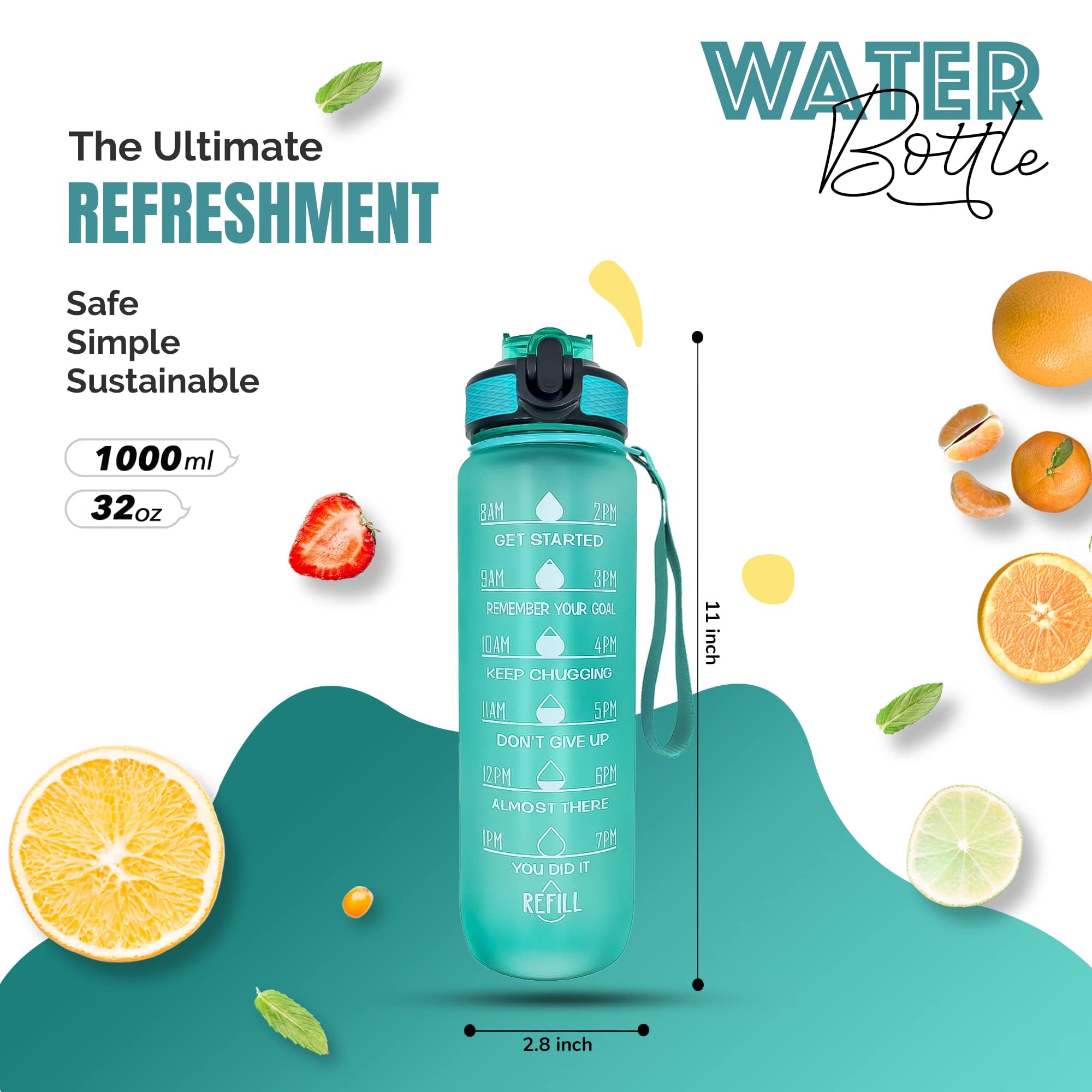 K-MART Water Bottle 1000ml Sports Water Bottle with Time Marker & Straw, Dishwasher Safe Leak-proof Drink Bottle BPA Free Non-Toxic Tritan Material 1 Click Open for Running Gym (Green) - Image 4