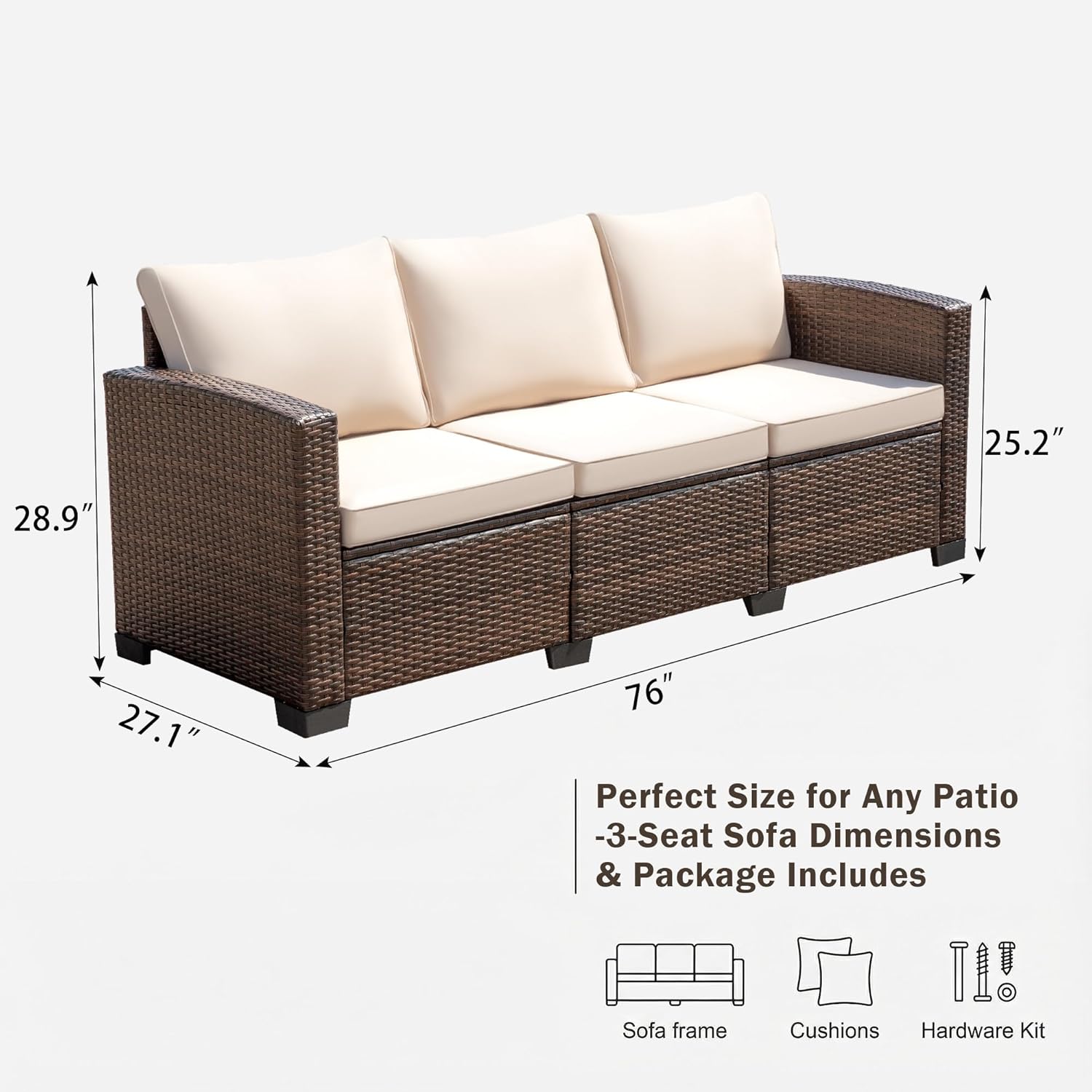 Devoko Patio Sofa,Wicker Outdoor Couch 3 Seater with Anti-Slip Cushions &Wider Armrests,PE Rattan Wicker Small Backyard Furniture for Deck,Porch & Poolside,Waterproof Patio Furniture