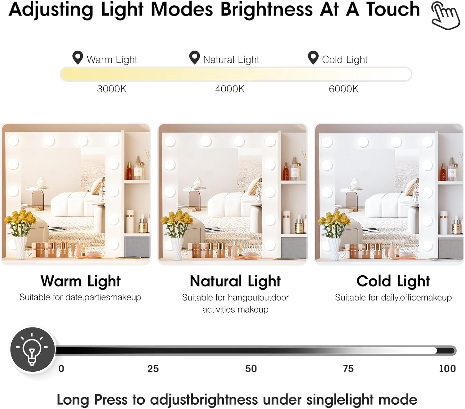 माथि देखि तल view of the vanity desk with drawers open, showcasing organized storage for cosmetics and accessories.