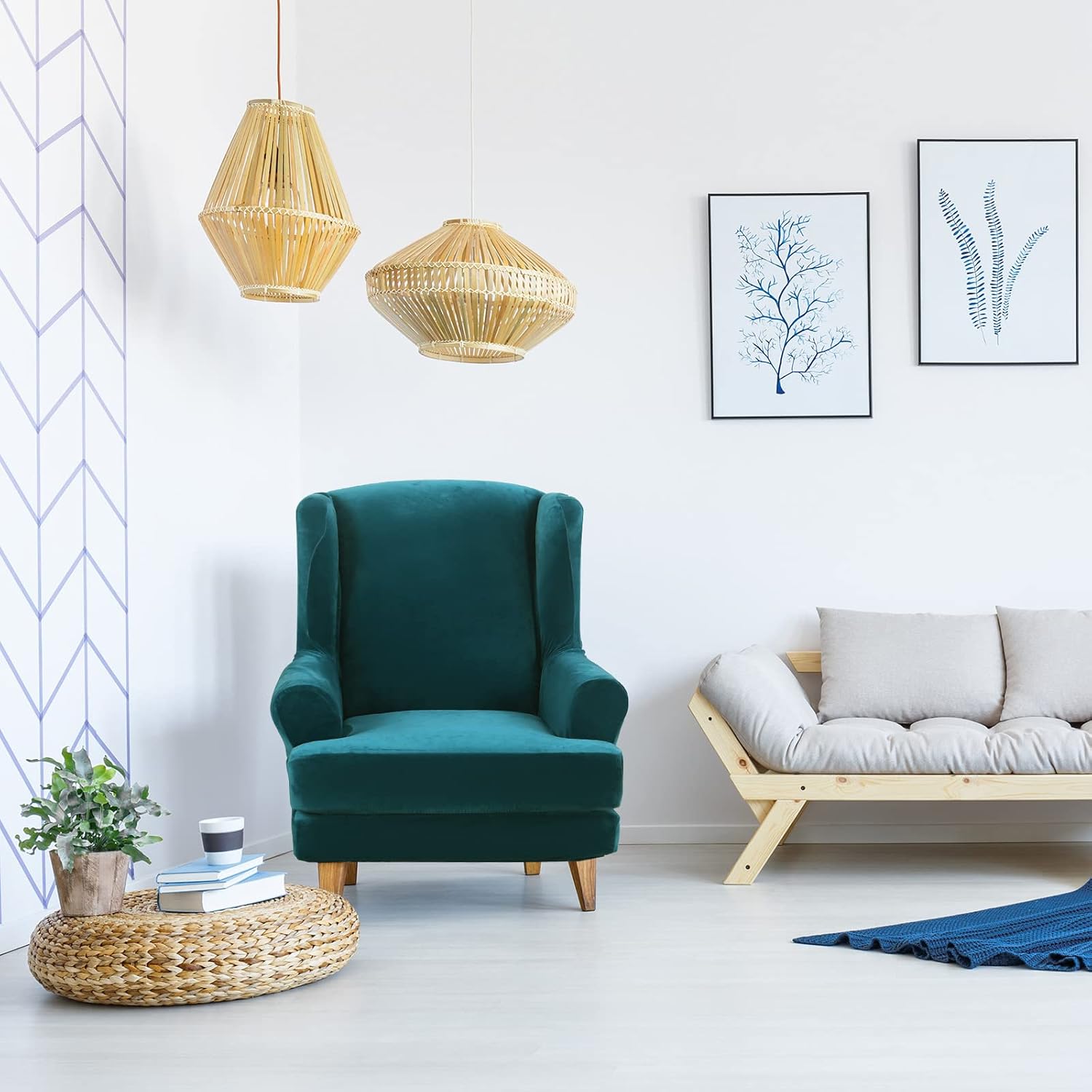 MIFXIN Wingback Chair Slipcover 2-Piece Velvet Stretch Wing Chair Slipcovers with Cushion Cover Removable Washable Armchair Sofa Furniture Protector for Living Room (Teal)