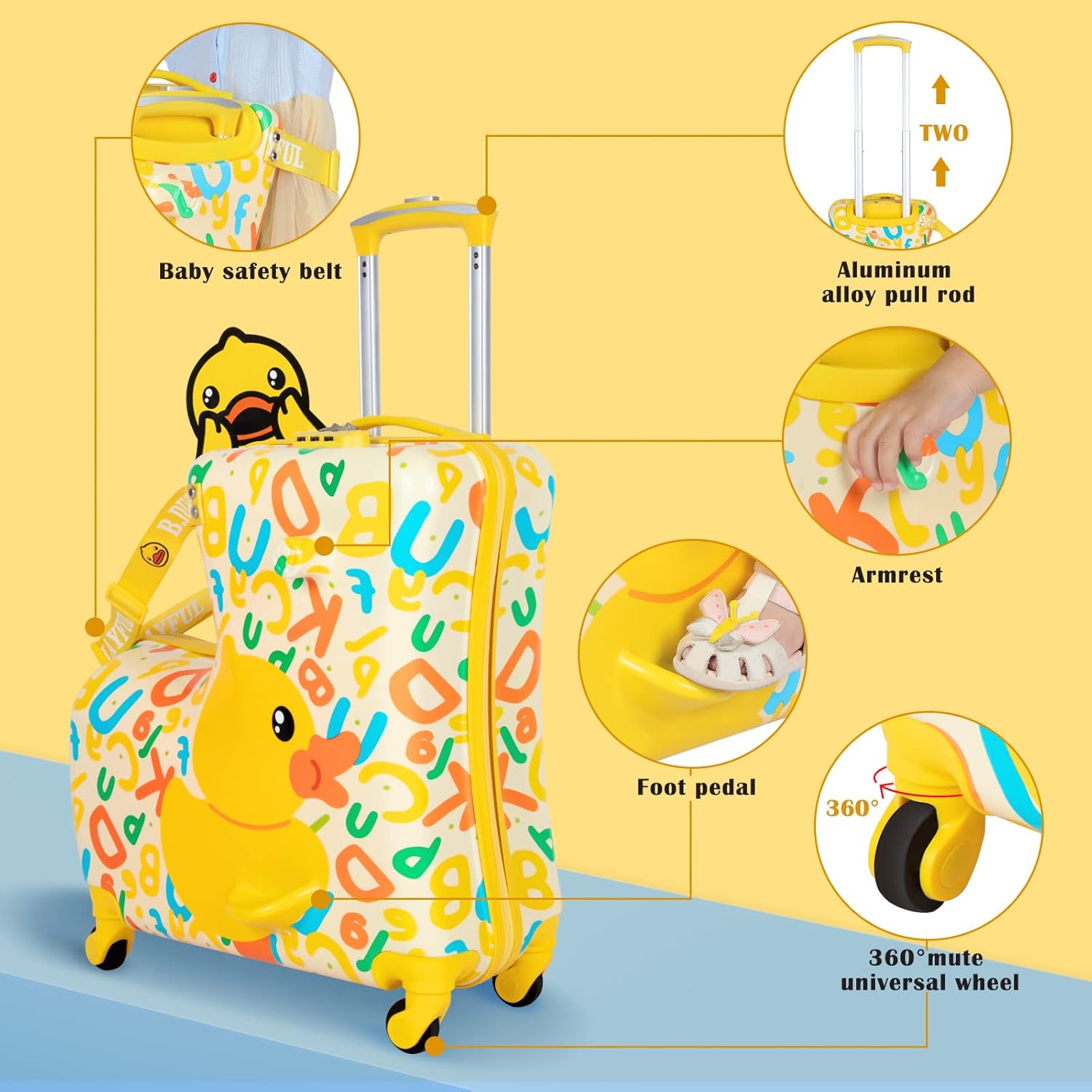 eing Children's Ride-On Travel Suitcase,Travel Rolling Kid's Luggage with Wheels Carry Trolley Luggages with Password Lock,Cute Funny Children's Ride On Trolley Tool,24 Inch (Yellow Letter)