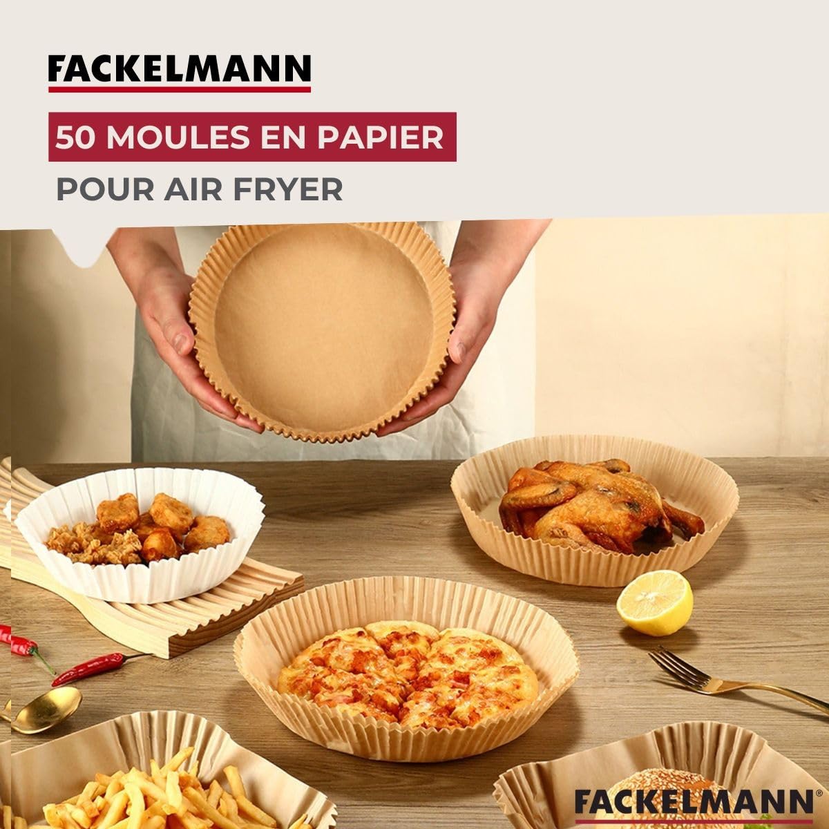 Fackelmann 9322150 - Stampo per friggitrice ad aria calda, stampo per friggitrice ad aria calda, stampo per friggitrice senza olio, carta aria fryer, 50 pezzi, quadrato, carta, 20 x 20 x 4,5 cm