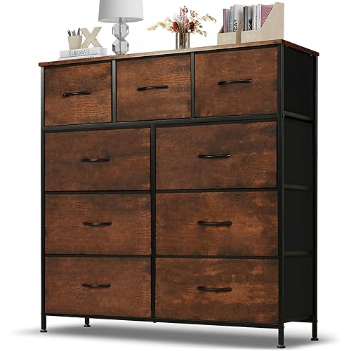 Dresser for Bedroom, 9 Storage Drawers, Tall Fabric Closet Chests Organizer Tower Furniture with Wooden Top Metal Frame for Clothes, Kids Room, Living Room, Hallway, Entryway