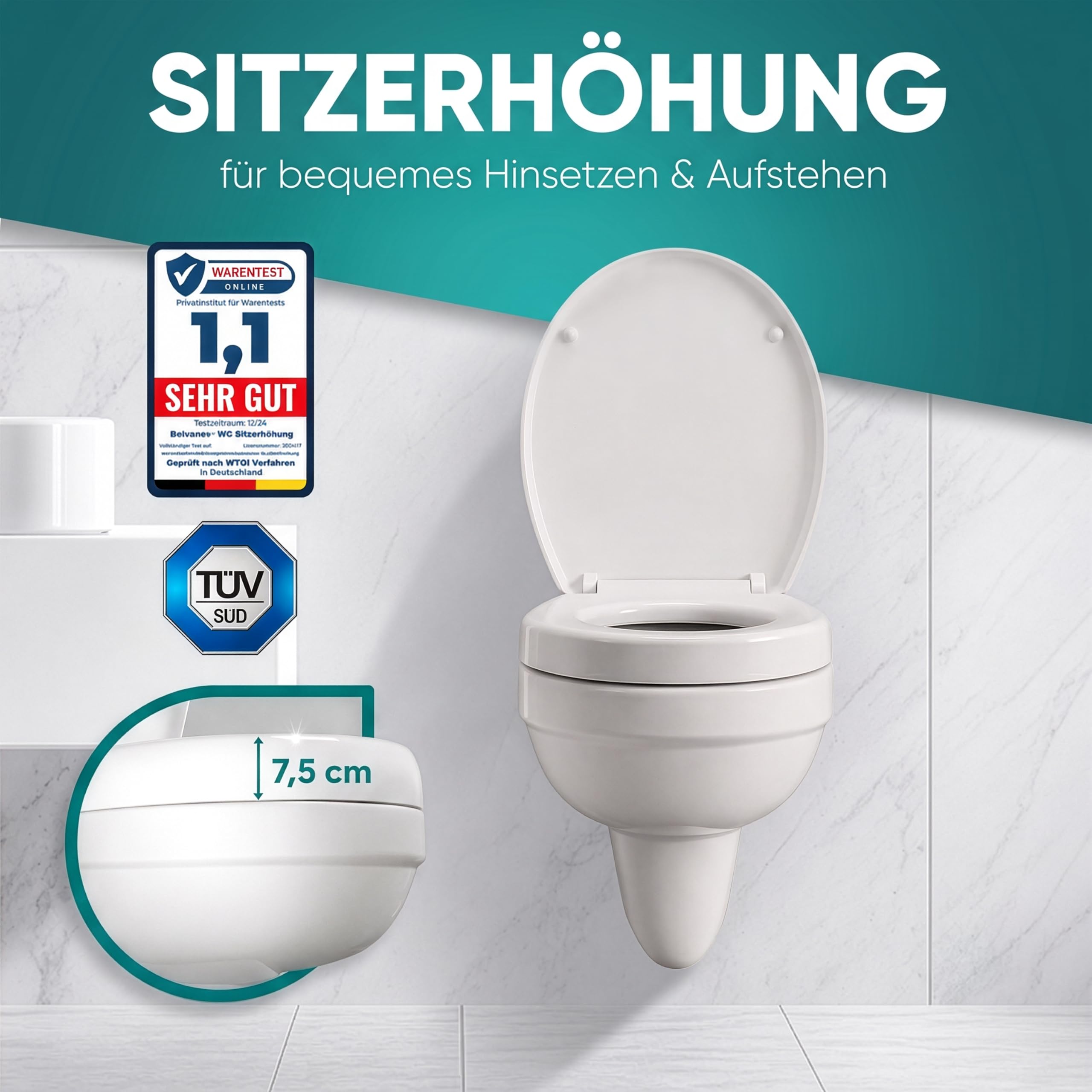 WC Sitzerhöhung 7,5cm inkl. Absenkautomatik für bequemes Sitzen & Aufstehen | Erhöhter Toilettensitz bis 200 kg belastbar | Toilettensitzerhöhung - Raised Toilet Seat