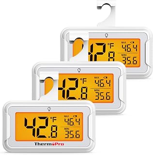 ThermoPro Refrigerator Thermometer 3 Pack with Large Backlit LCD Display, Waterproof Freezer Fridge Thermometer with Max/Min Record, Easy Battery Replacement, Magnetic & Stand Options for Room, Cooler
