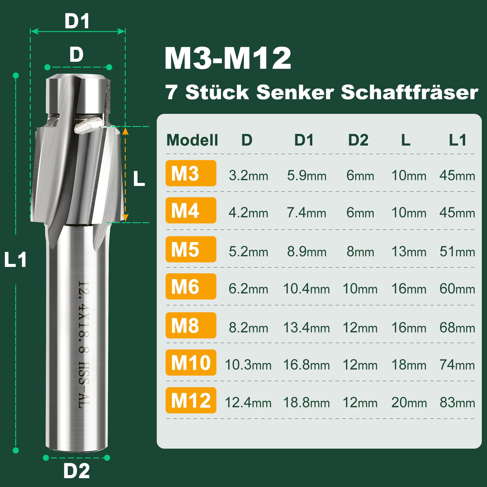 7 pezzi svasatori piatti M3-M14 HSS Fresa svasata a 4 denti CNC Slot Trapano svasato per metallo, acciaio, alluminio, legno, acciaio inox, plastica