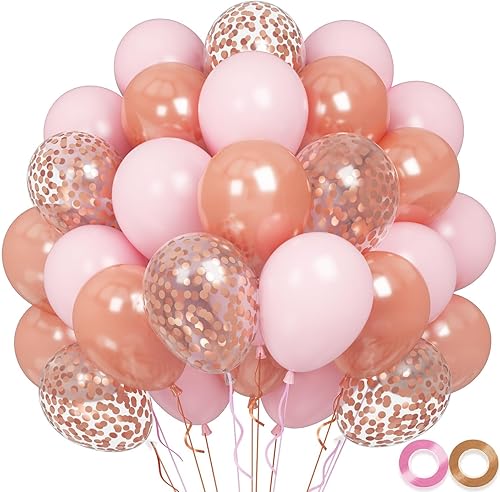 Globos de oro rosa y rosa, 60 globos de cumpleaños de 12 pulgadas de oro rosa pastel con globos de confeti de oro rosa, globos de helio rosa, globos