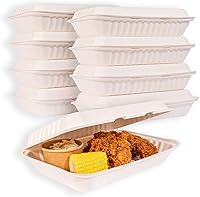 Vista 1 de MULMEHË Contenedores de comida para llevar con bisagras de bagazo de caña de azúcar, ecológico, 12 x 9 x 3, compartimento individual, marrón natural
