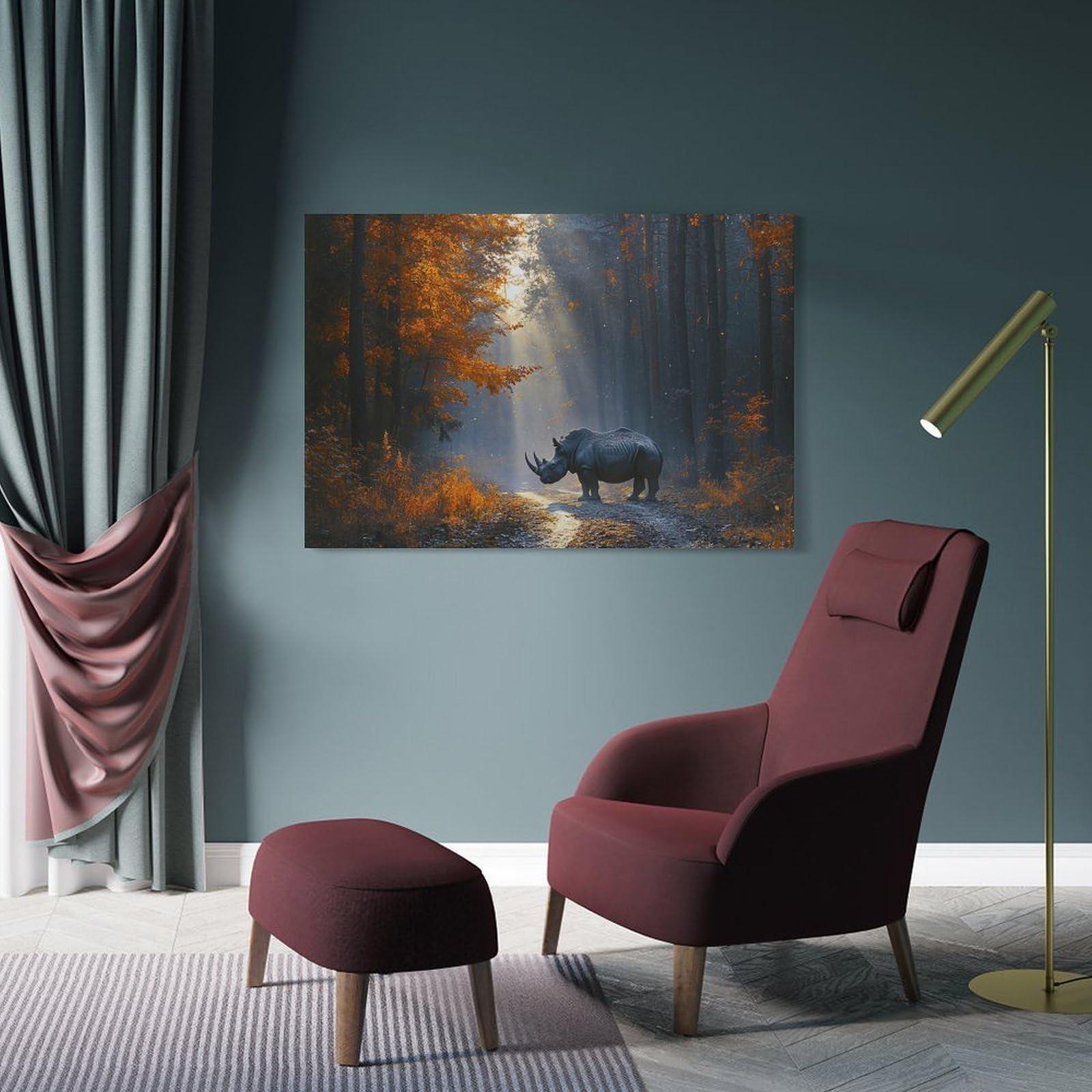 Junmoney Frame-Style-22 Canvas Wall Art Rhinoceros In Autumn Forest, 16X24inch(40X60cm), For Bedroom, Lounge Or Dressing Area, Canvas Wall Decor For Personal Spaces