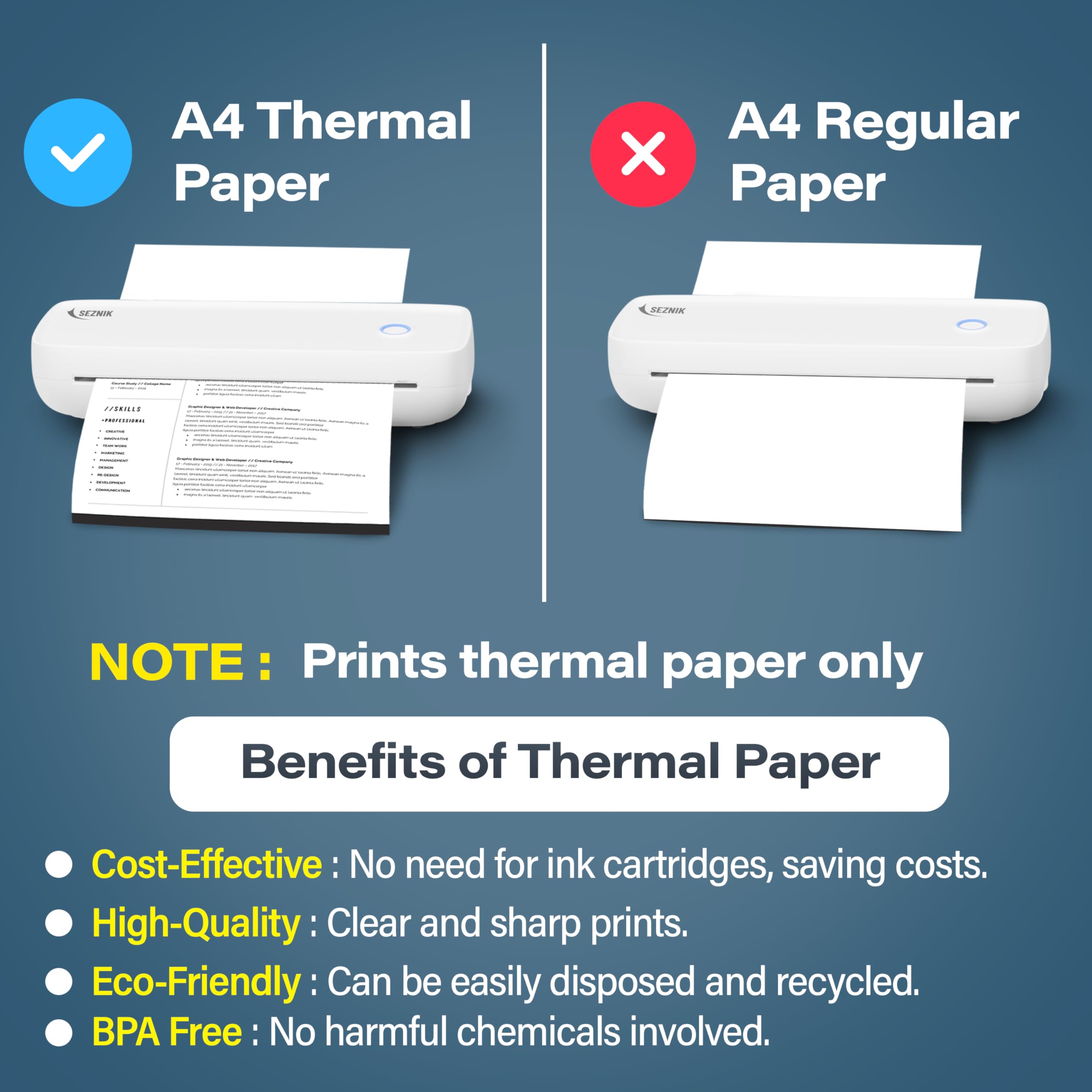 SEZNIK Portable Inkless A4 Thermal Printer | Portable Mini Printer | USB, Bluetooth Printer Android iOS | 1 Year Warranty (ProHD-304dpi-White) 4
