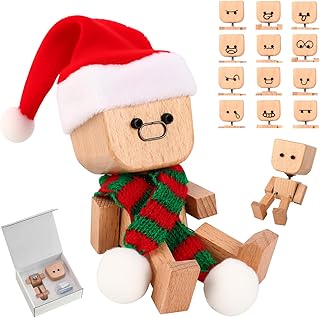Shaking Wooden Man Figurine,12PCS Magnetic Changeable Faces, Handmade Shaking Feet Wooden Doll for Car Dashboard Decorations,Funny & Creative Christmas Desktop Office Desk Decor (A)