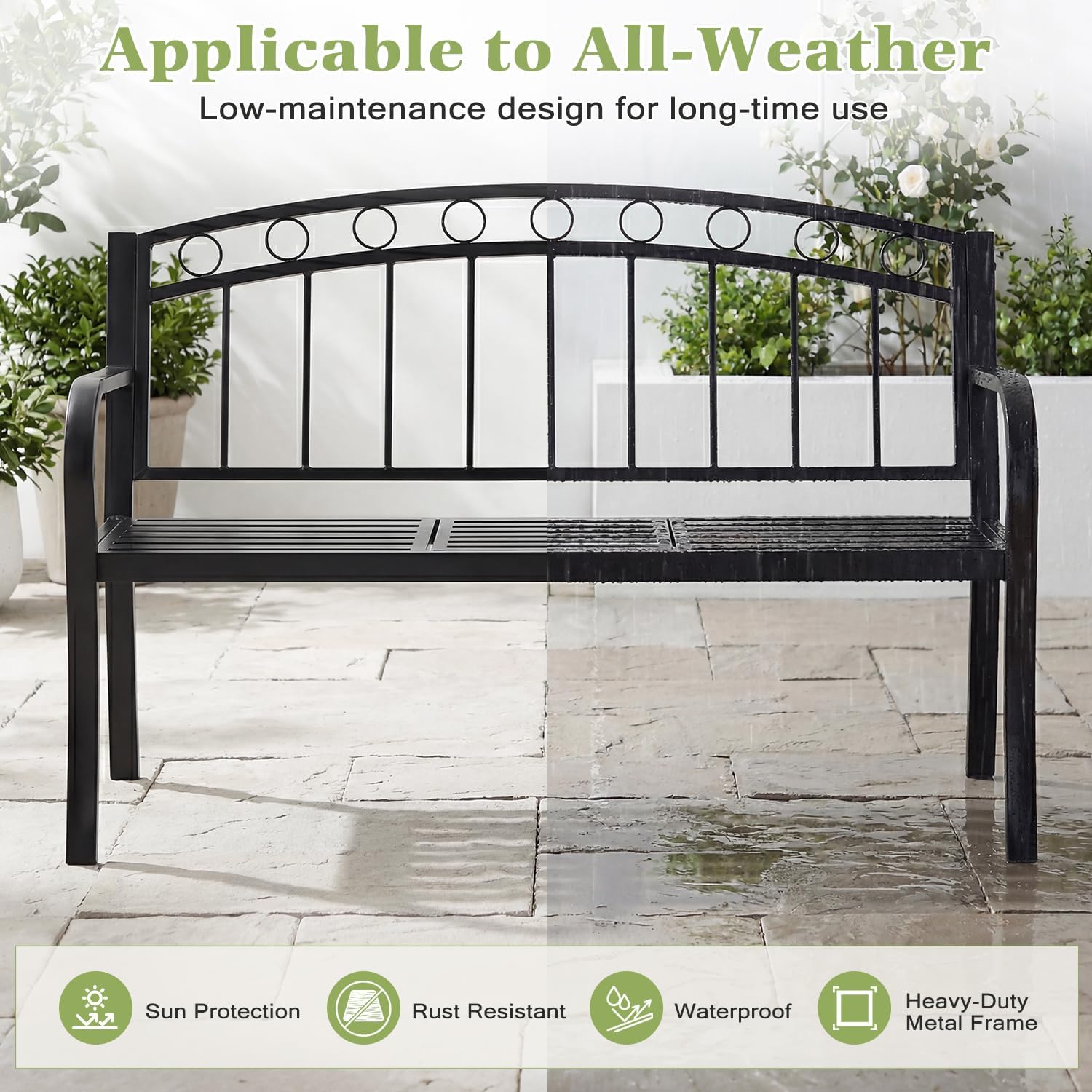 AVAWING Outdoor Metal Garden Bench, 2-Seat Patio Porch Bench with Steel Frame, Park Bench w/Pullout Middle Table＆ Cushion for Backyard Lawn Deck Entryway, Black