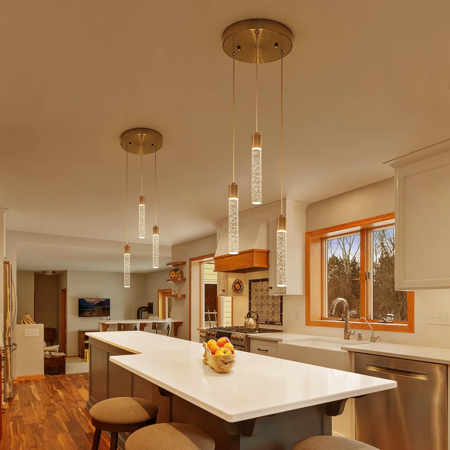 Modern Pendant 3 Light with Adjustable Height - Brushed Nickel & Clear Glass Cylinder Island Lights, 3000-6000K Dimmable Kitchen Pendant Lighting for Kitchen Island, Dining Room, Bar Counter