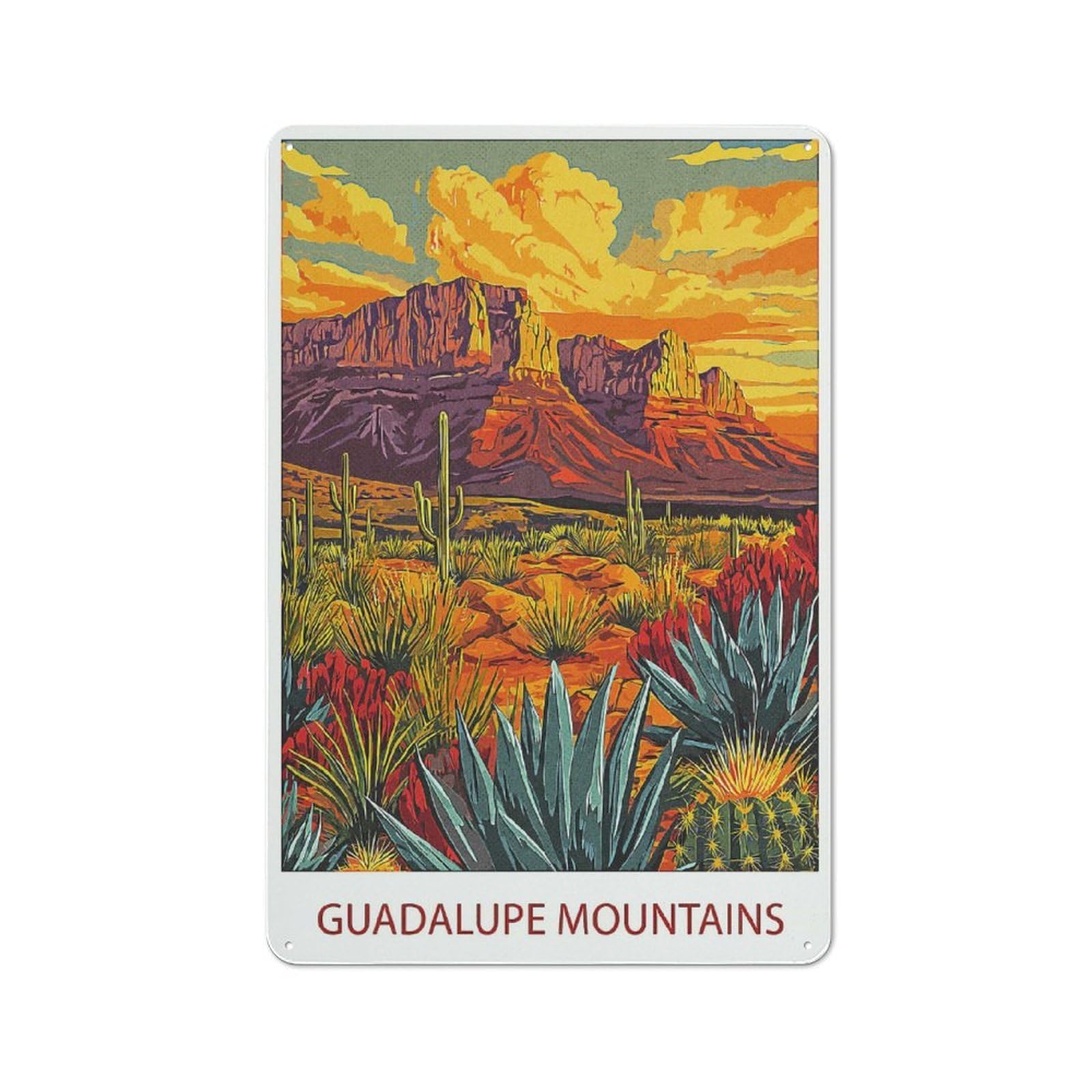Modern Vintage Guadalupe Mountains Sunset Office Metal Sign 30x20cm, Creative Space Decor for Hobby Room, Office, Lounge Or Living Room