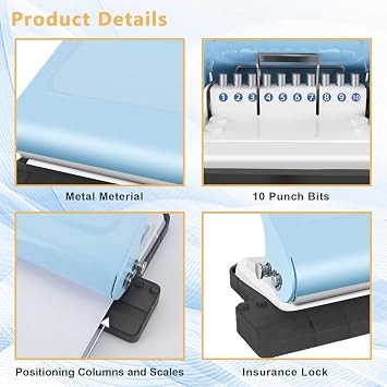 10-Hole Manual Binding Machine for Office & Study - Portable A4/30Hole, B5/26Hole, A5/20Hole Punch, 8 Sheet Metal Paper Binder with 2 Binding Coils, Blue