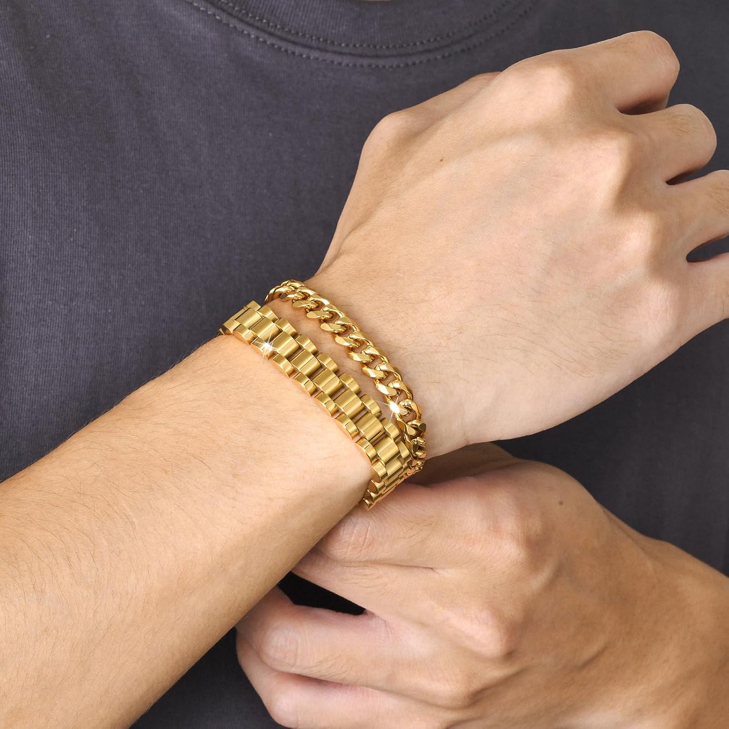 VNOX 2 Pcs Chain Bracelet for Men Women - Sturdy Stainless Steel Curb Width Cuban Link Chain Bracelet Set for Men Women,6.5/7/7.4/8.2/9 Inches - Image 3