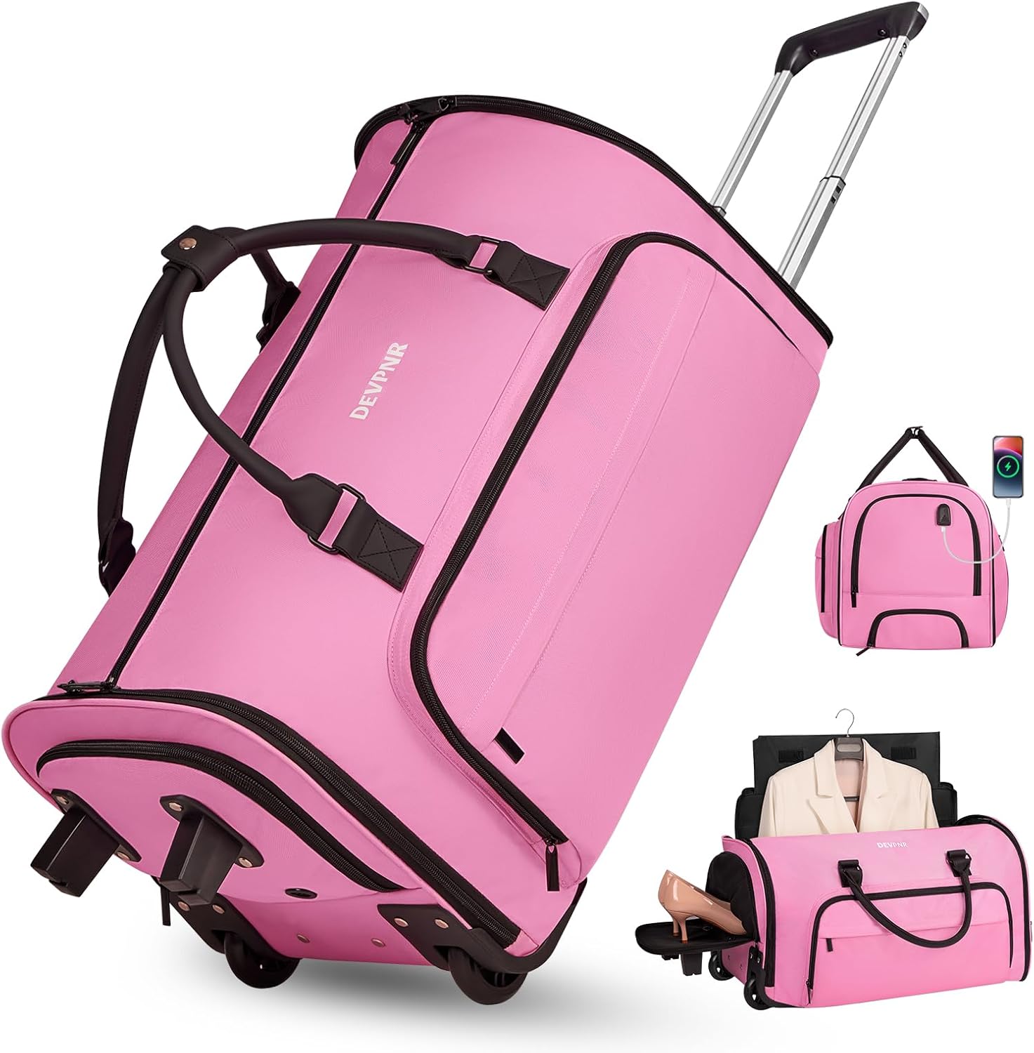 Rolling Garment Bags for Travel, 59L Rolling Duffle Bag with Wheels and Shoe Compartment for Men and Women, 3 in 1 Carry on Convertible Travel Garment Bag with Wheels, Pink