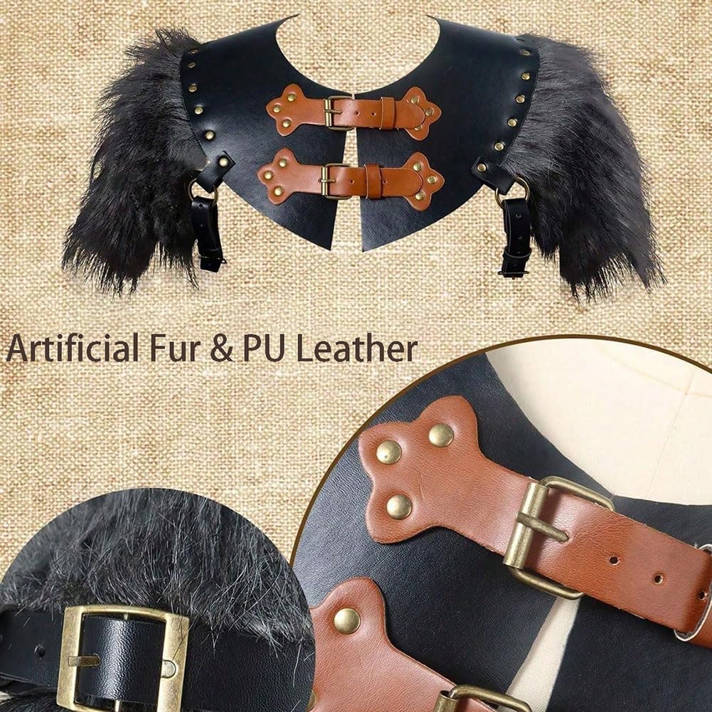 Viking Faux Fur Shawl Shoulder Armor Medieval Leather Knight Chest Armor Pirate Fur Collar Wrap Shawl for LARP Cosplay - Image 5