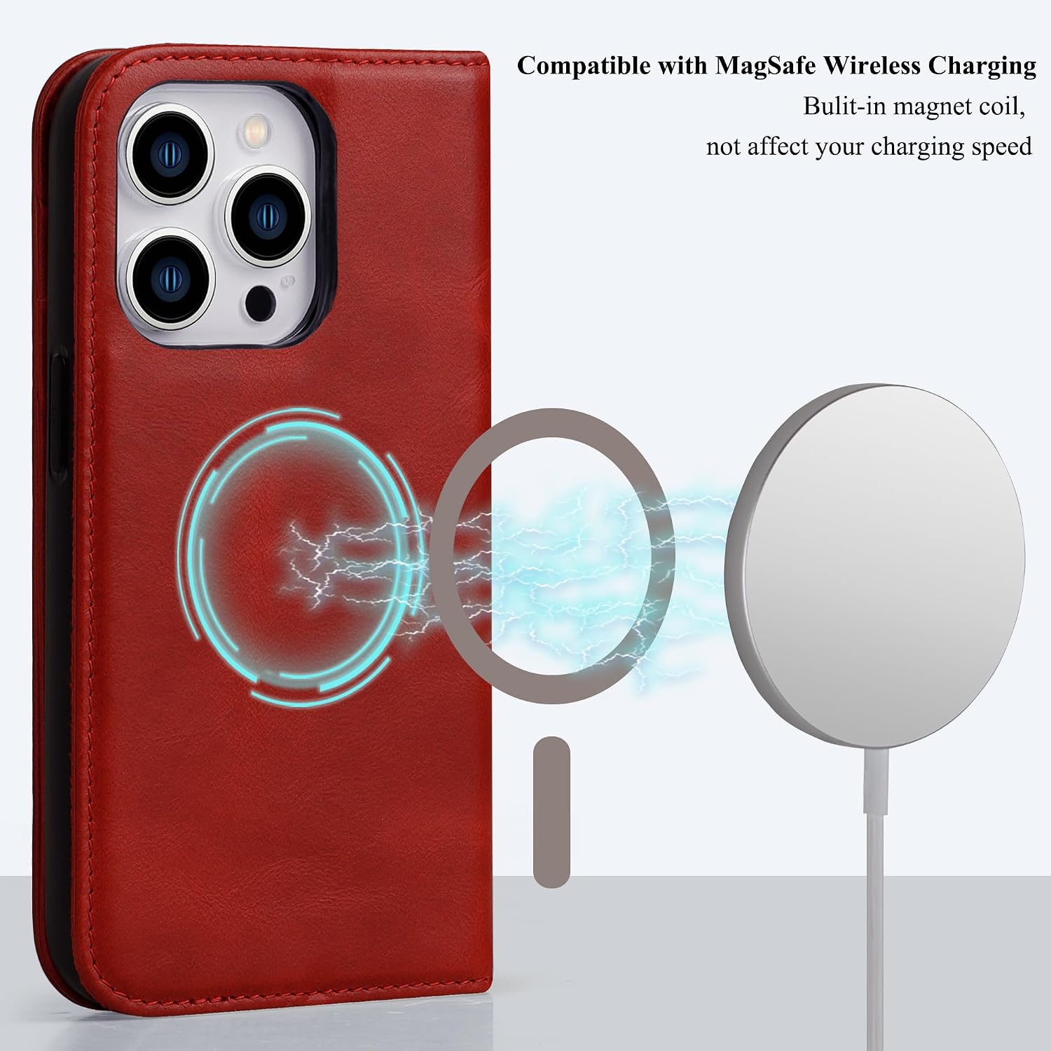 VISOUL Case for iPhone 15 Pro Genuine Leather Wallet Case, Magnetic Flip Case with Card Holder Kickstand Folio Cover Designed for iPhone 15 Pro (6.1-inch)-Red