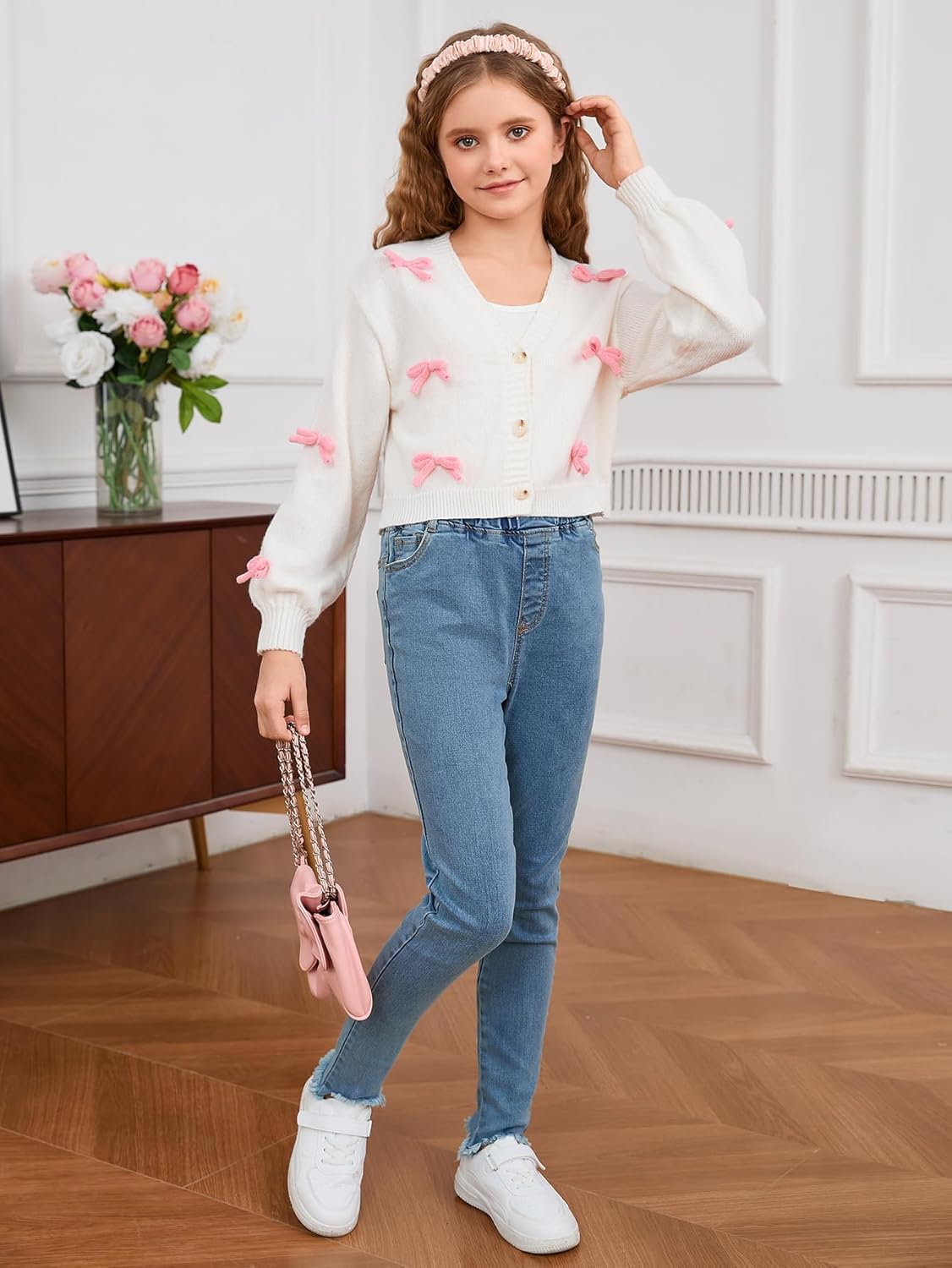 MakeMeChic Girl's Cute Bow Cropped Cardigan Sweaters Long Sleeve V Neck Button Down Knitted Cardigan - Image 6