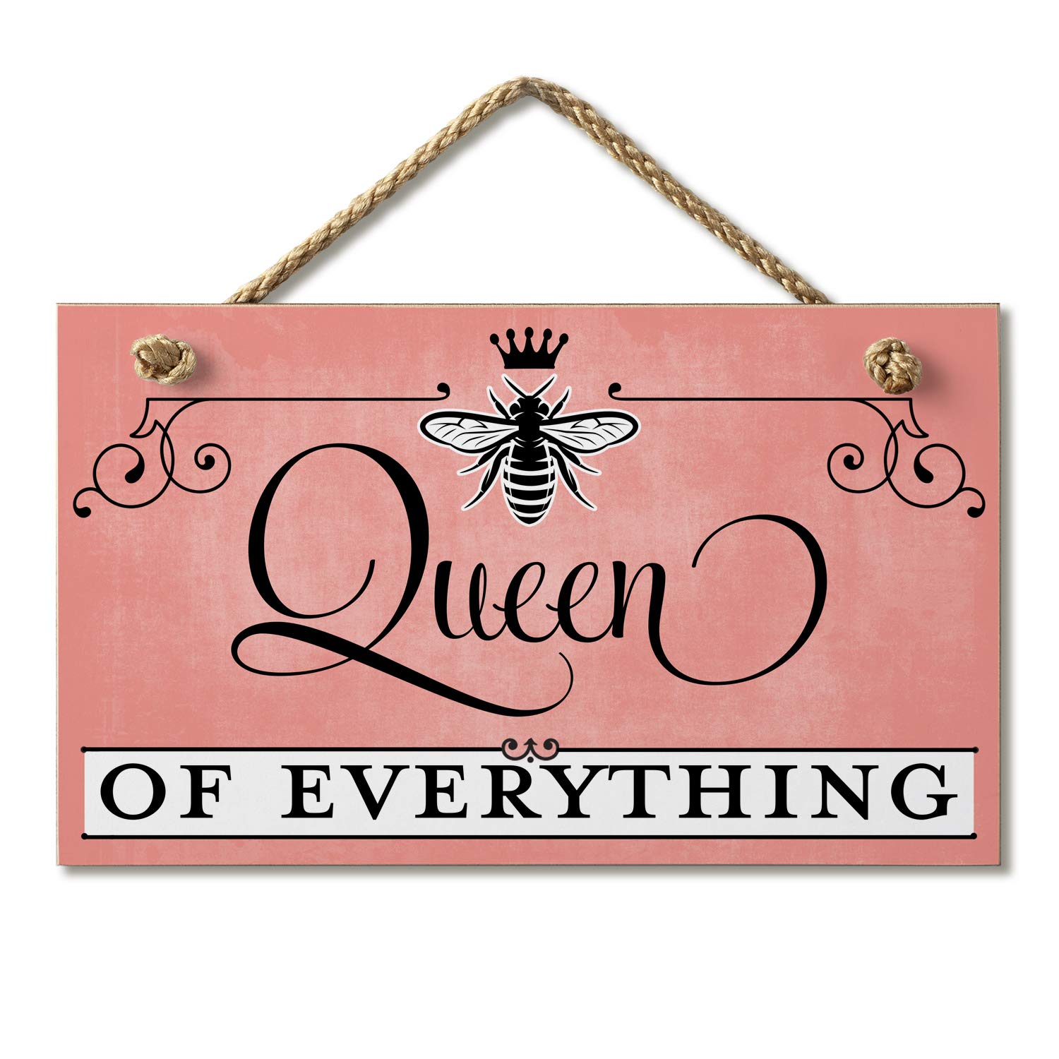 New Wood Sign Front Door Sign "Queen Of Everything" Porch Decor Hanging Wooden Wall Sign Home Garden Yard Signs Plaque Farm House Gifts, 5x10 Inch