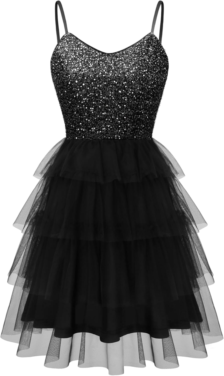 Dressystar 2026 Women's Tiered Sparkly Sequin Glitter Formal Prom Dress Mini Spaghetti Strap Tulle Cocktail Party Dresses