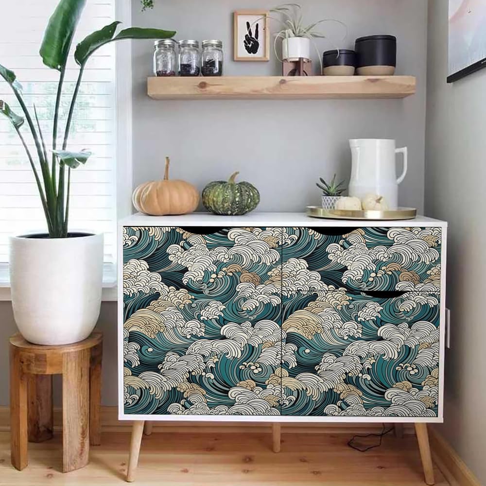 18"x236" Boho Japanese Ocean Sea Wave Peel and Stick Self Adhesive Wallpaper Removable Contact Paper Stick on Easy Peel Off Wall Paper for Kitchen Bedroom Bathroom Renter