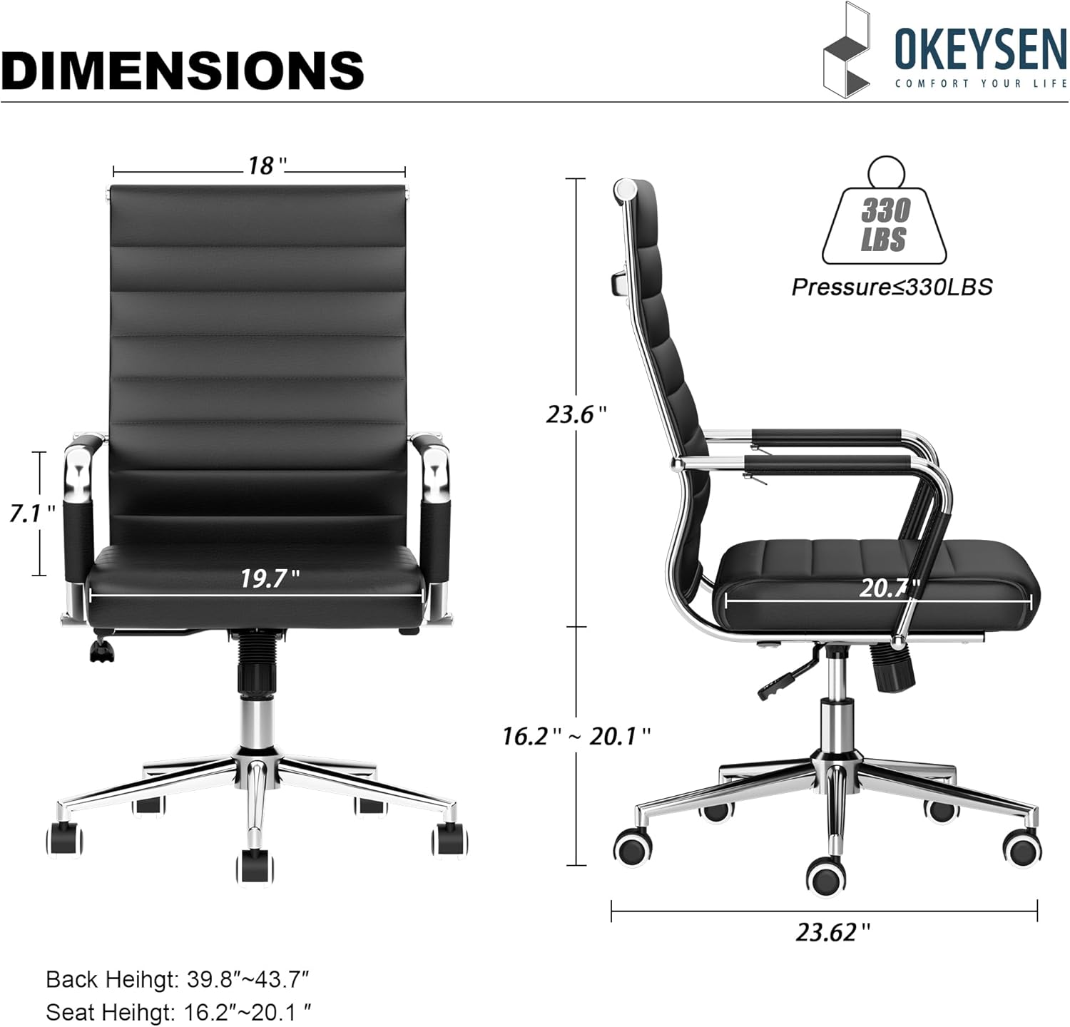 Okeysen Office Desk Chair, Ergonomic Leather Modern Conference Room Chairs, Executive Ribbed Height Adjustable Swivel Rolling Chair for Home Office. (Black) - Image 3