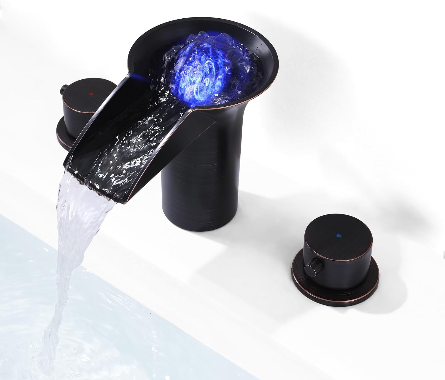 3 Hole Bathroom Faucet with LED Light, 8 Inch Widespread Vanity Faucet with 2 Handles, Modern Waterfall Bathroom Sink Faucet Oil Rubber Bronze, Includes Supply Hoses