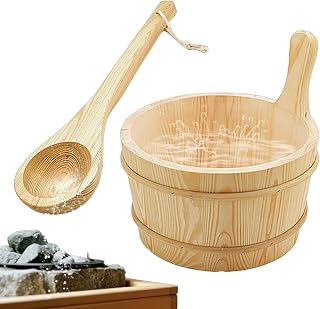 Sauna Eimer - Langer Holzschöpflöffel mit Eimer - Holz Dicht 4 Liter Fassungsvermögen Dusch- und Badezubehör für Garten Outdoor Dampfbad Wohnung Hotel Haus