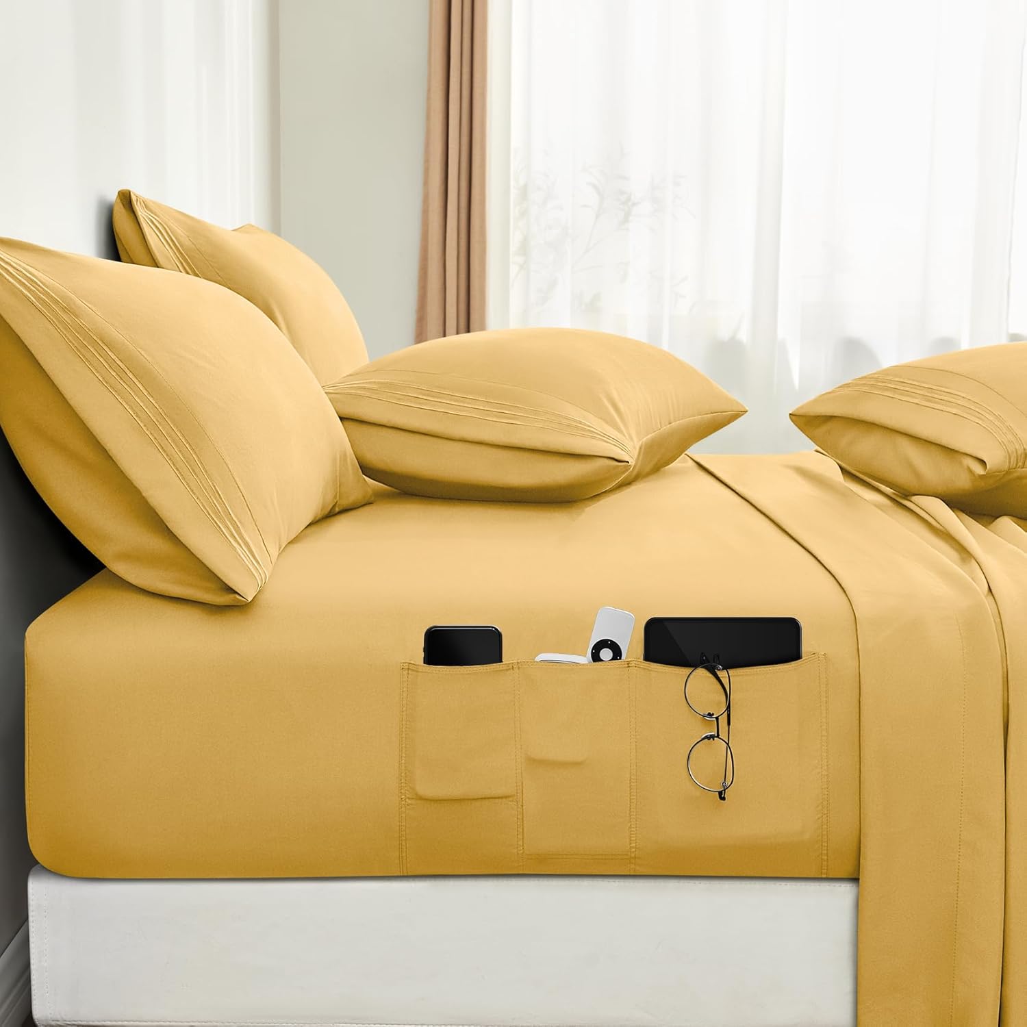 BYSURE 6 Pieces Bed Sheets Set with Pockets on Side(Queen, Light Grey), Sweat-Wicking Breathable Sheets, 16-inch Super Soft Hotel Embroidered Microfiber Sheet Set