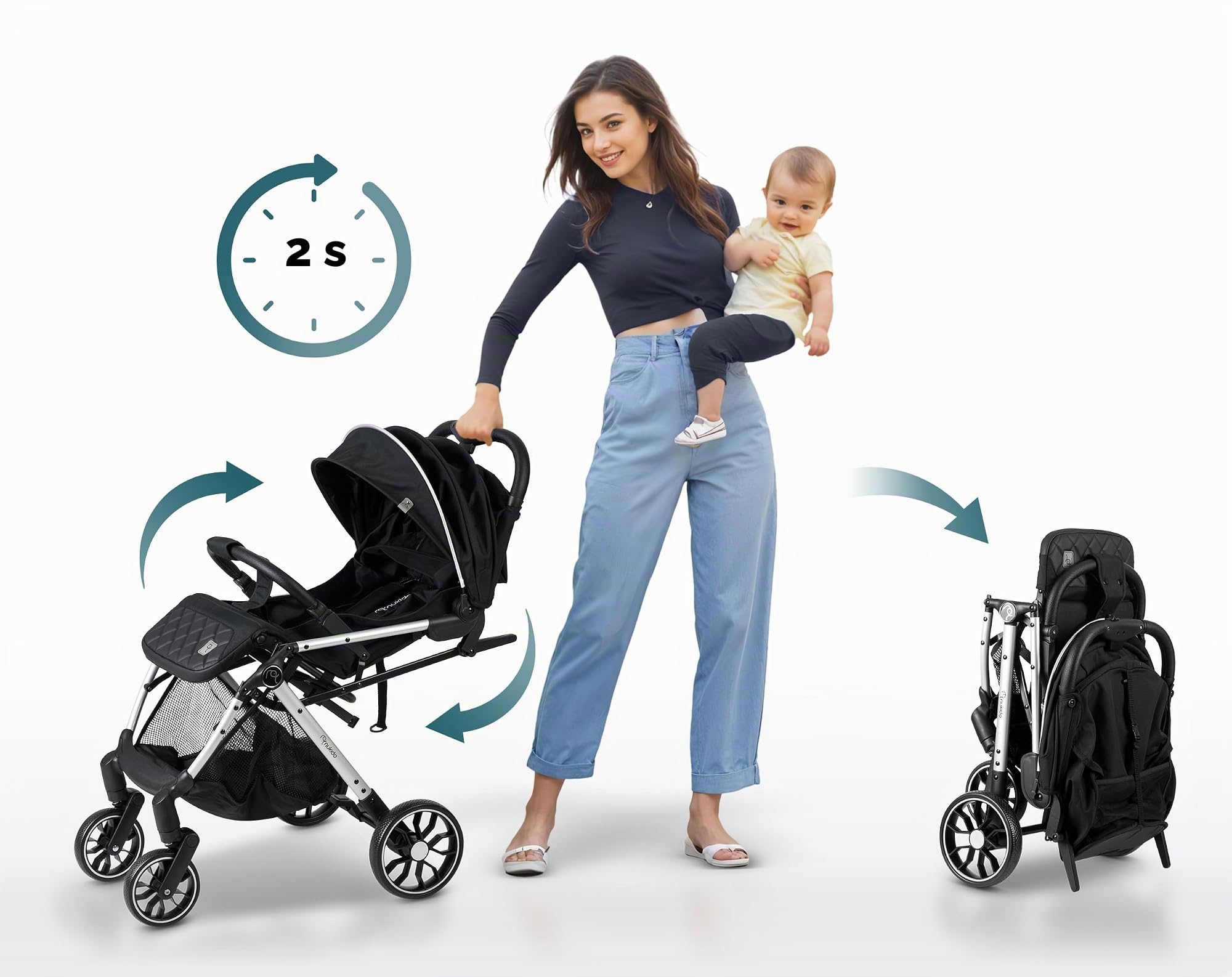 Nukido Silla De Paseo para Bebé con Bolsa De Transporte 0-36 Meses 0-15 kg Plegado Automático En 2 Segundos Ruedas De 360° con Amortiguación Grandes Ruedas Todoterreno Negro Paseo