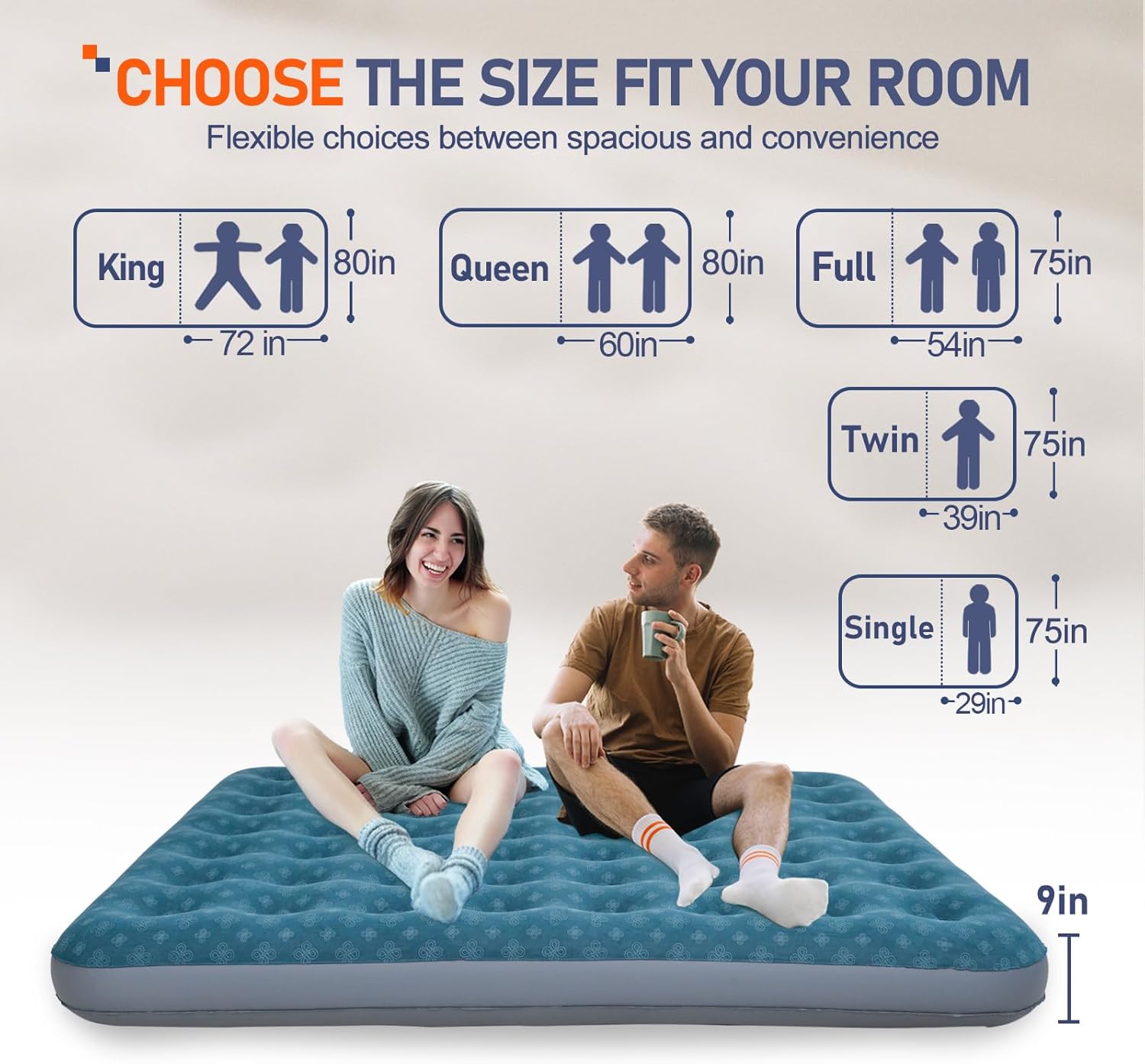 DIMAR GARDEN King Size Air Mattress Inflatable Bed Sleeping Pad for Camping, Patterned Flocking Blue