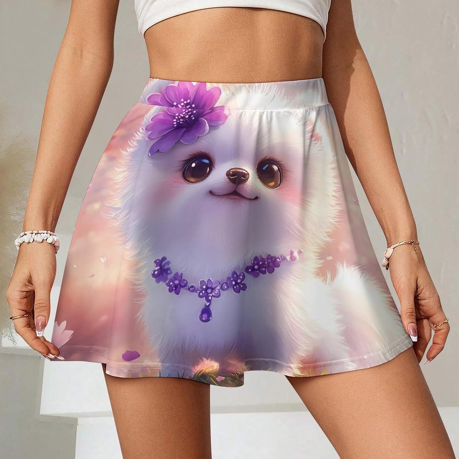 Cute Pomeranian Dog Women Tennis Skirt Print Golf Skirts Mini Casual Workout Skorts