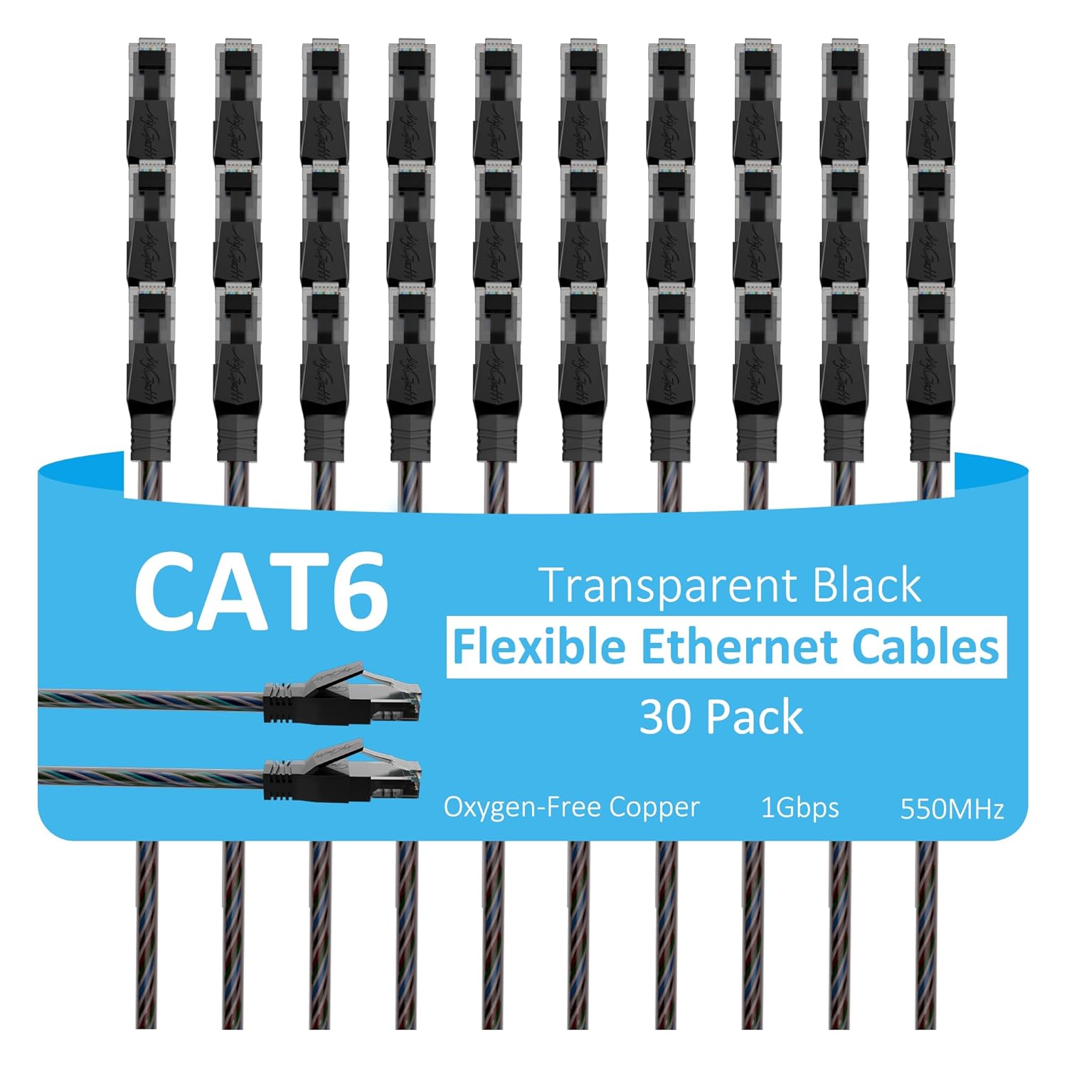 Cat6 Ethernet Cable 4 FT (30-Pack), Snagless Cat 6 Patch Cable, Upgraded Transparent Flexible PVC Jacket, OFC Oxygen-Free Copper, 1Gbps, Internet Network Cable, Cat6 Cables, UTP, Black Cable -30 Pack