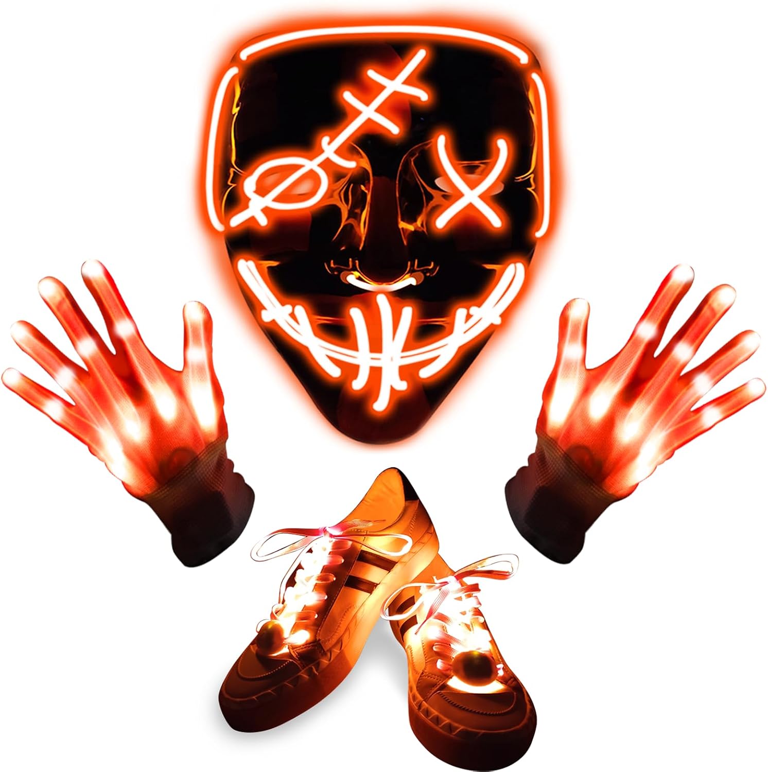 Camlinbo 3 Set Halloween LED Mask Light Up Gloves and Glow Shoelaces Scary Mask Halloween Costume Cosplay Party for Adults