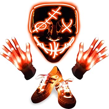 Light up Halloween Costume Set LED Mask Gloves Shoelaces Rave Cosplay Kit