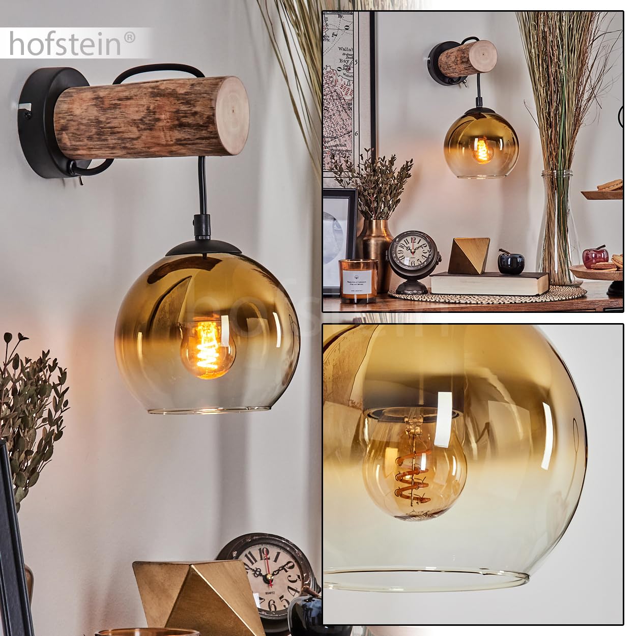 Wandleuchte Koyoto, Wandlampe aus Metall/Holz/Glas in Schwarz/Natur/Gold/Klar, Leuchte im Retro/Vintage-Design mit Schirm aus Glas (Ø 15 cm) u. An/-Auschalter am Gehäuse, 1 x E27, ohne Leuchtmittel