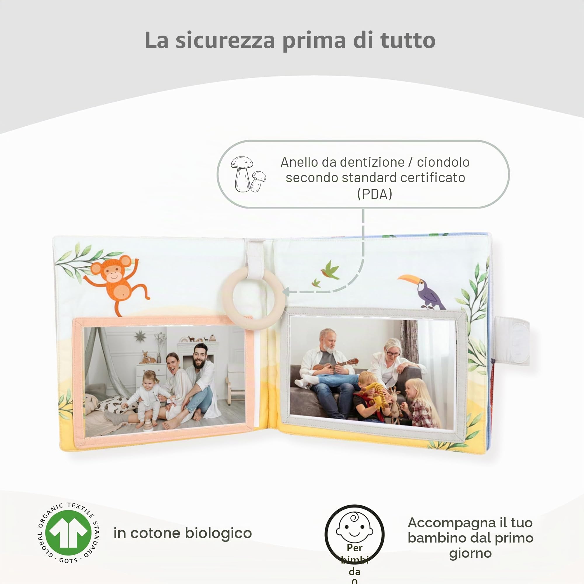 Album fotografico per bambini, in cotone biologico, con massaggiagengive e ciondolo come libro dei ricordi, per bambini a partire da 0 mesi, regalo per nascita e per abituarsi per ragazzi e ragazze